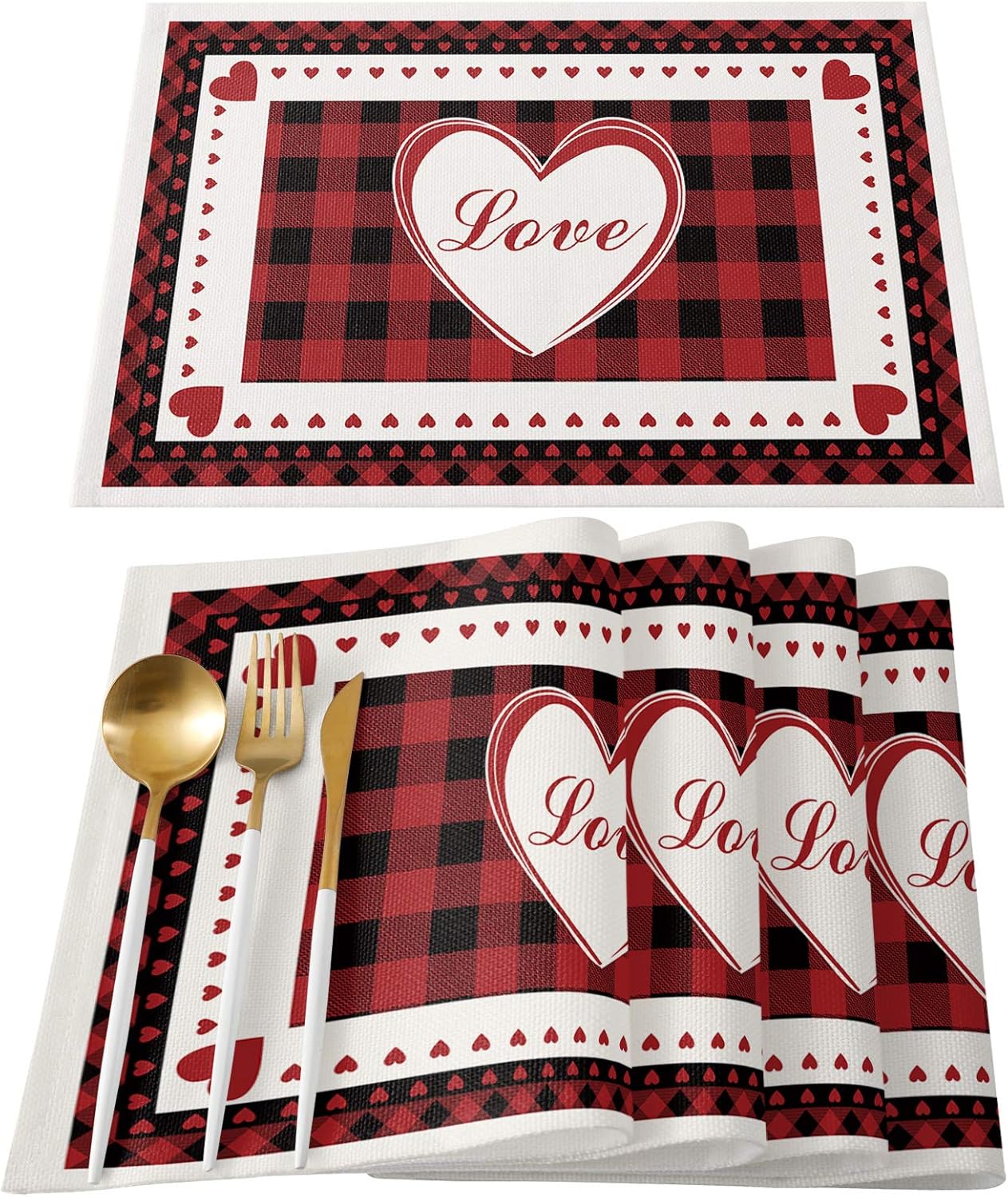 SEVENBABU Placemats Set of 4 Valentine's Day Placemats for Dining Table, Valentine's Day Love Heart on Red Lattice Burlap Place Mats Washable Heat-Resistant Kitchen Table Decor Mats 19x13 Inches