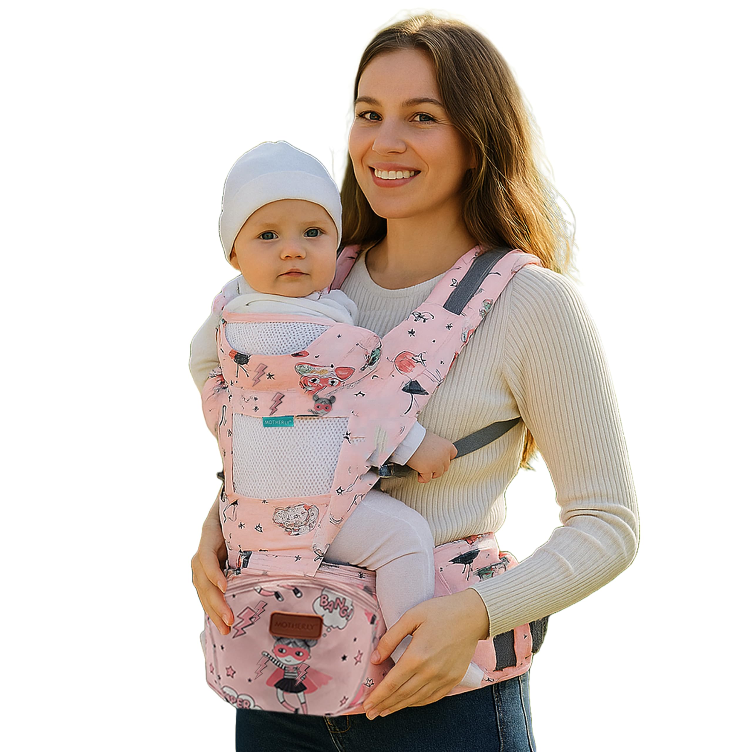 Motherly Baby Carrier for 0 to 3 Year Baby – Adjustable Hands Free 6-in-1 Baby Carrier with Detachable Hip Seat | baby carrier for new born | Toddler Carrier with Head Support & Buckle Strap for Hiking & Everyday Use (Light Pink Doll)-image-10