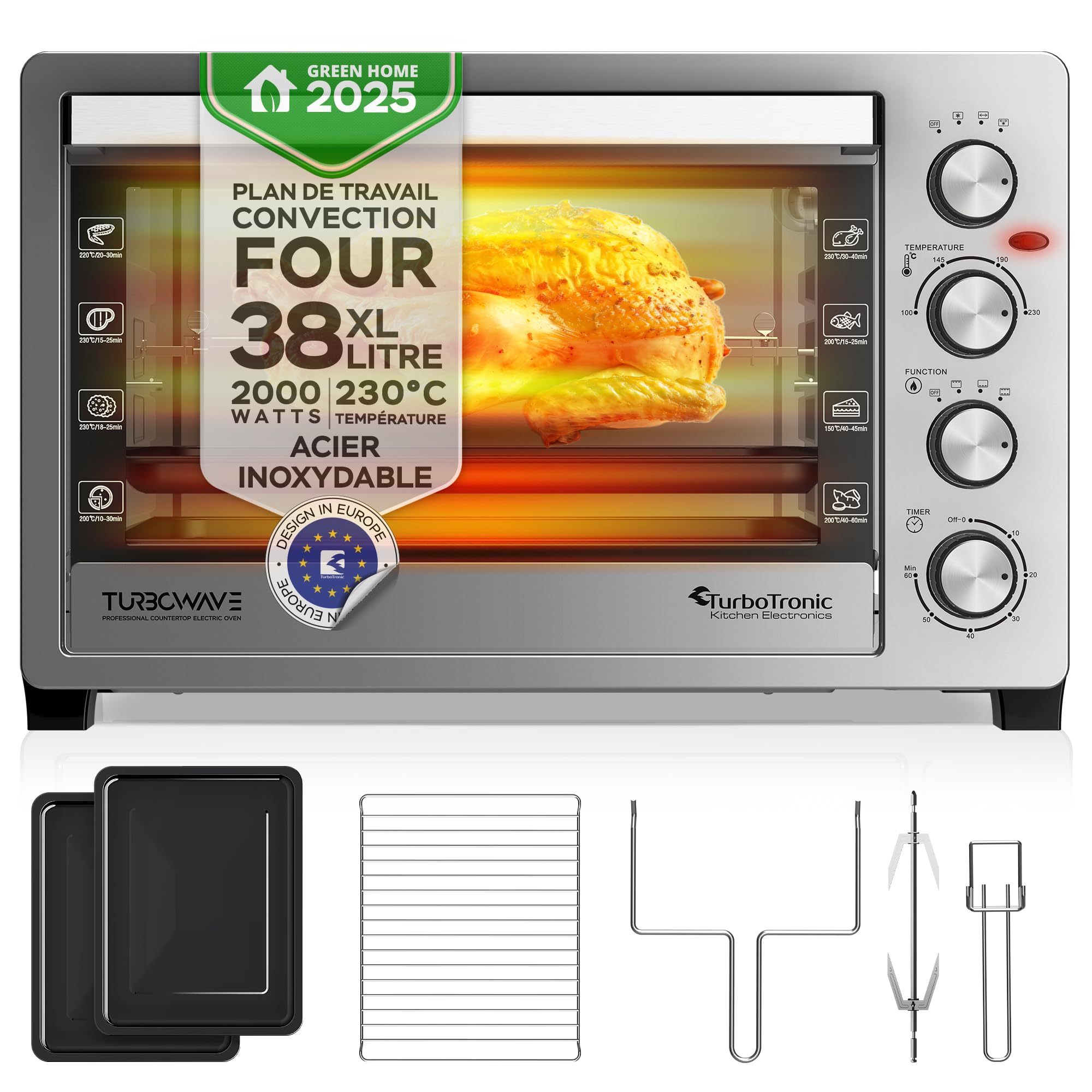 TurboTronic EVS38, Four électrique 38 L, Four posable à chaleur tournante, Mini four, 2000 W, 230°C, Argent