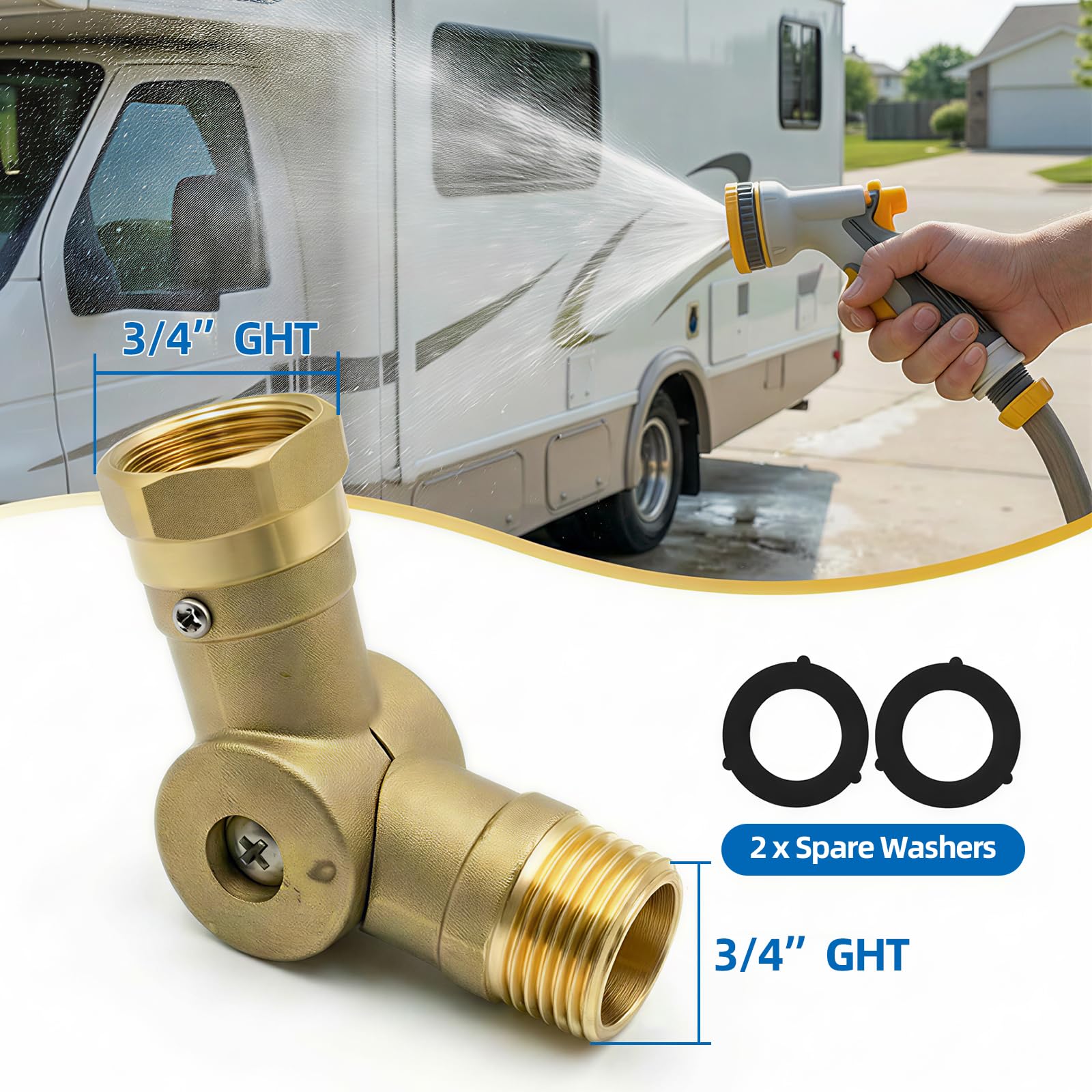 Conector giratorio de manguera ajustable de 180° y 360°, conector de codo de manguera de jardín de latón ajustable para caravanas/campistas al aire libre, riego de jardín para patio, se adapta a