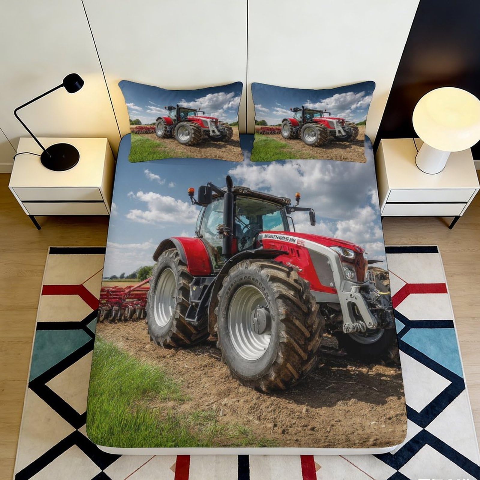 3D Printed Red Tractor Fitted Sheet Microfiber Soft Durable Farm Tractor Mattress Cover for Bedroom Dormitory Guest Room Mattress Protection 140x200x25cm