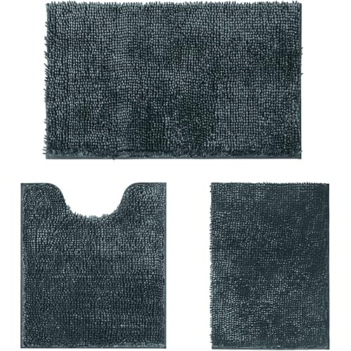 HOMEIDEAS Dark Grey Bathroom Rugs Sets 3 Piece, Butter Chenille Rugs and Mats, Shaggy, Absorbent, Non Slip, Luxury, Shiny, Washable Bath Mat for Bathroom, Shower