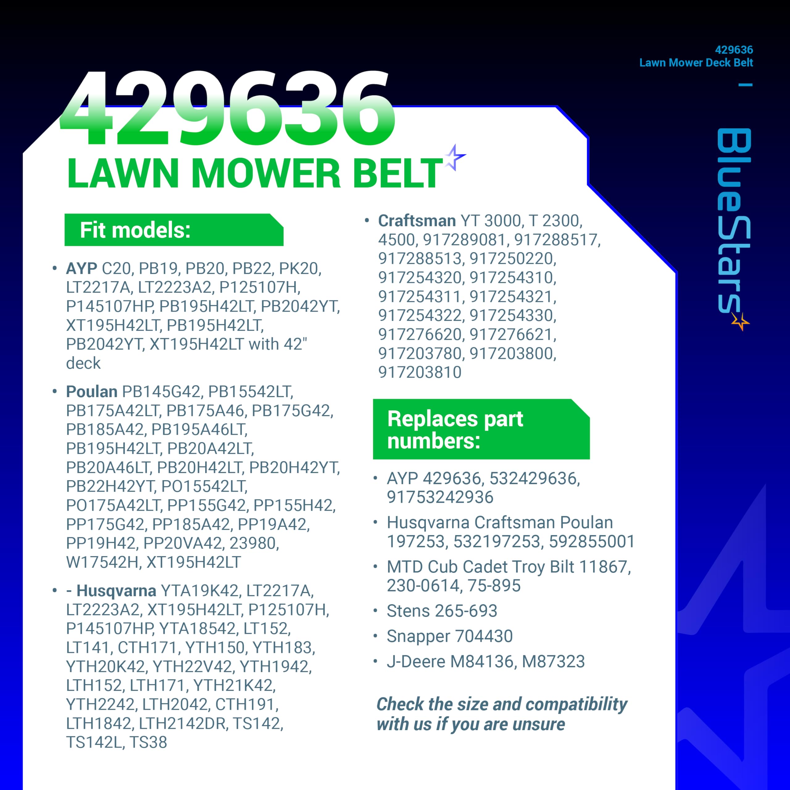 BlueStars 429636 197253 Lawn Mower Drive/Deck Belt - Fits for 42" Deck Craftsman Husqvarna AYP Poulan 532429636 532197253 598559101 592855001 PP19A42 YTA18542 | Aramid Cord | 101 inch - 5