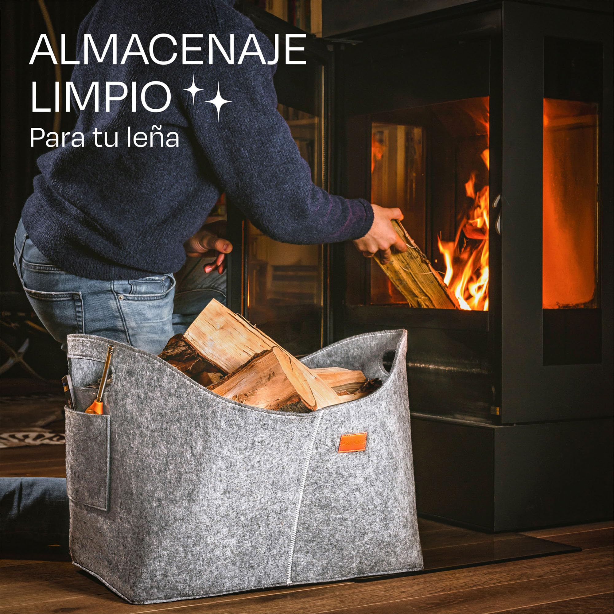 Praknu Cesto para Leña Interior - Grande - De Fieltro Reciclado - Con Asas de Transporte - Bolsa de Fieltro para Almacenar Leña de Chimenea y Más - Gris