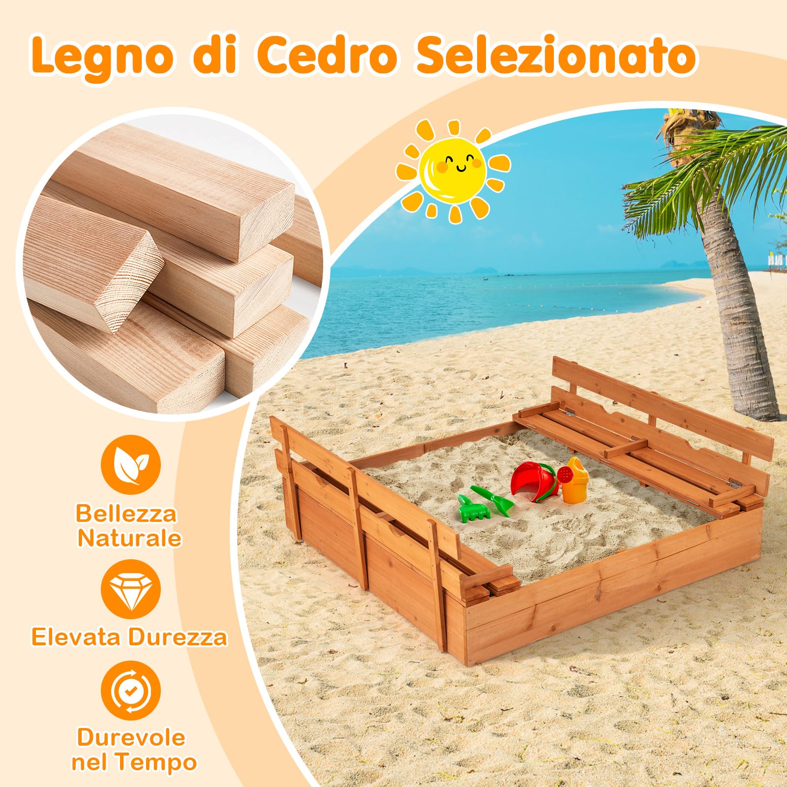 GYMAX Scatola di Sabbia in Legno per Bambini, Gioco da Spiaggia per Esterni con Panche Pieghevoli e Rivestimento Inferiore per Giardino, Cortile, Spiaggia, Sabbiera per Bambini 18+ Mesi