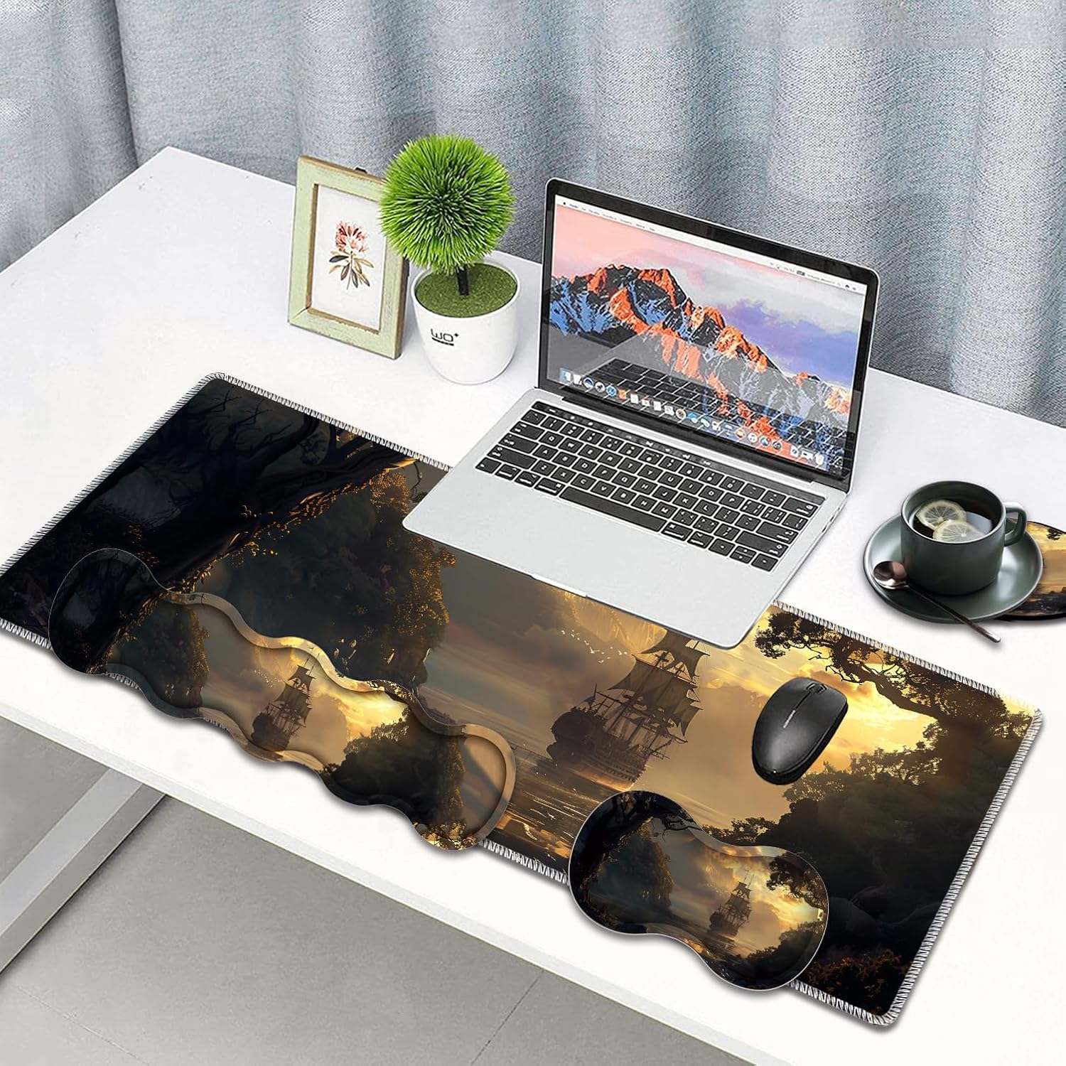 Large Gaming Mouse Pad, Keyboard Wrist Rest Pad + Mouse Wrist Pad + Coaster 4 in 1 Set, Extended Waterproof Non-Slip Desk Mat, Suitable for Office Home Learning Games, Pirate Ship