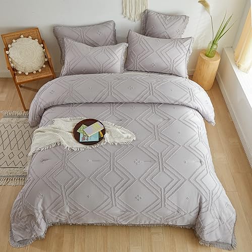 Miniatura 7 de OARAGE Juego de edredón bohemio copetudo gris claro, 2 piezas con borlas geométricas bordadas con flecos y borlas y bordados, estilo shabby chic,