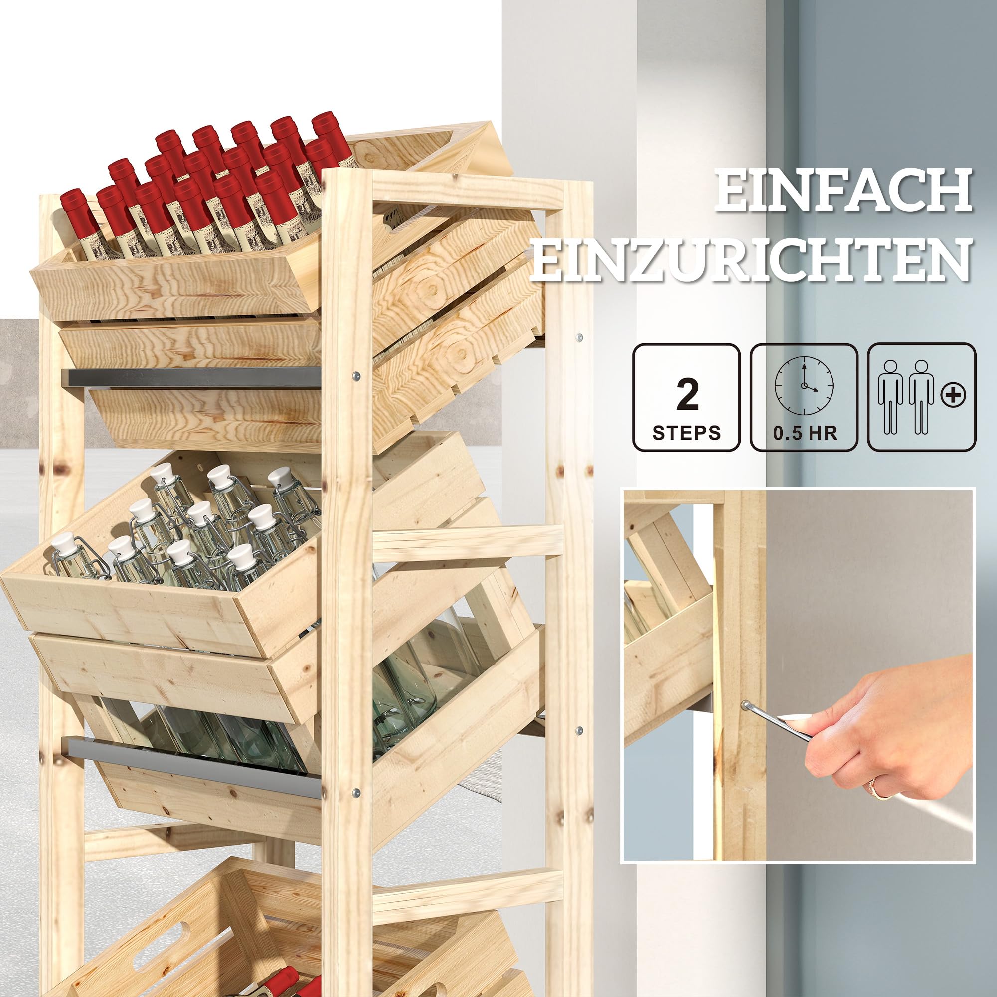 Outsunny Getränkekistenregal für 3 Getränkekisten Getränkeregal Holz Kistenregal mit 3 Ebenen freistehend Getränkekistenhalter belast 150kg Kistenständer für Bier, Wasser 56 x 32 x 112 cm Naturholz