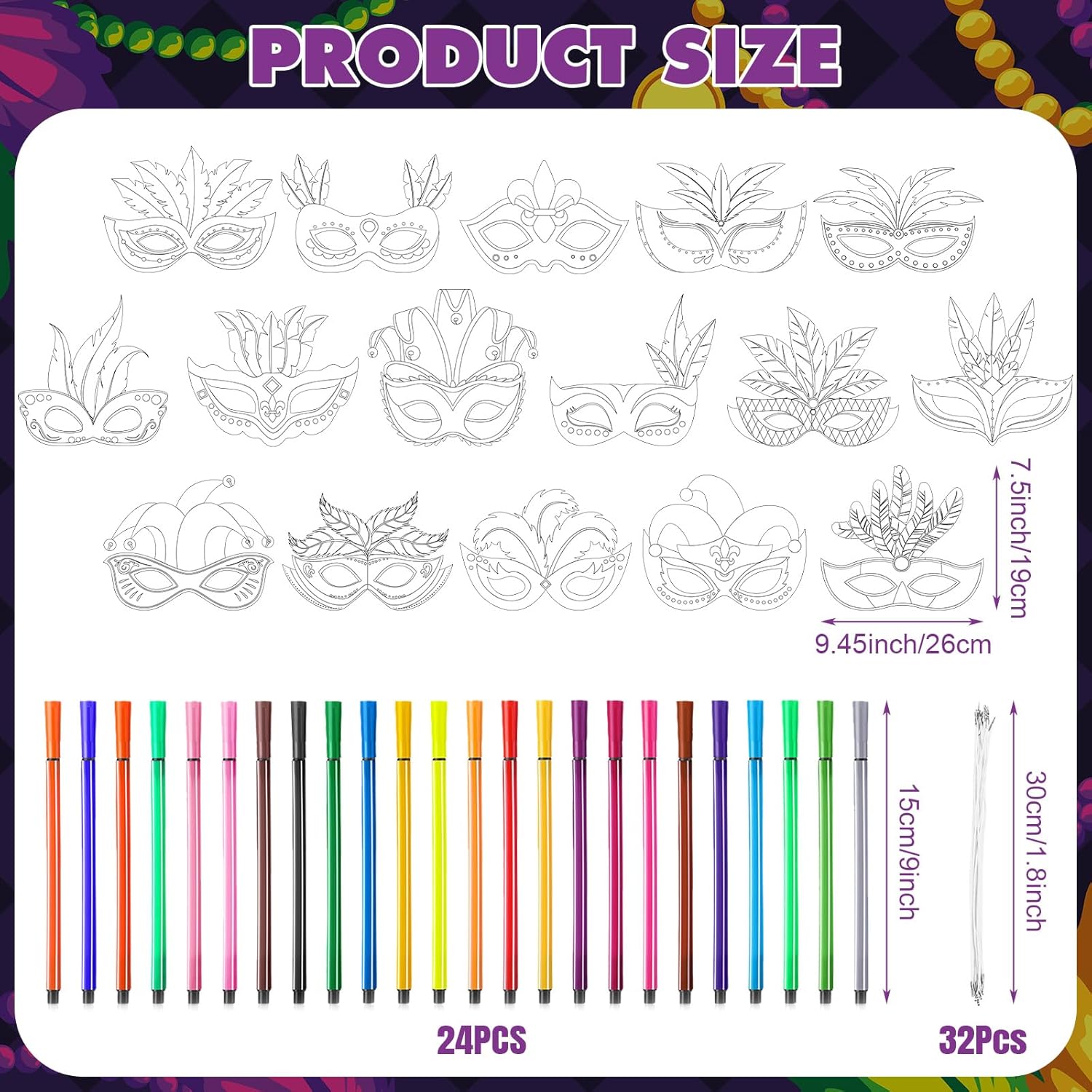 Lenwen 16 Pcs Mardi Gras Craft Masks Carnival Coloring Mask Masquerade Party DIY Paper Art with Pens for Craft Activity Kid - Image 3