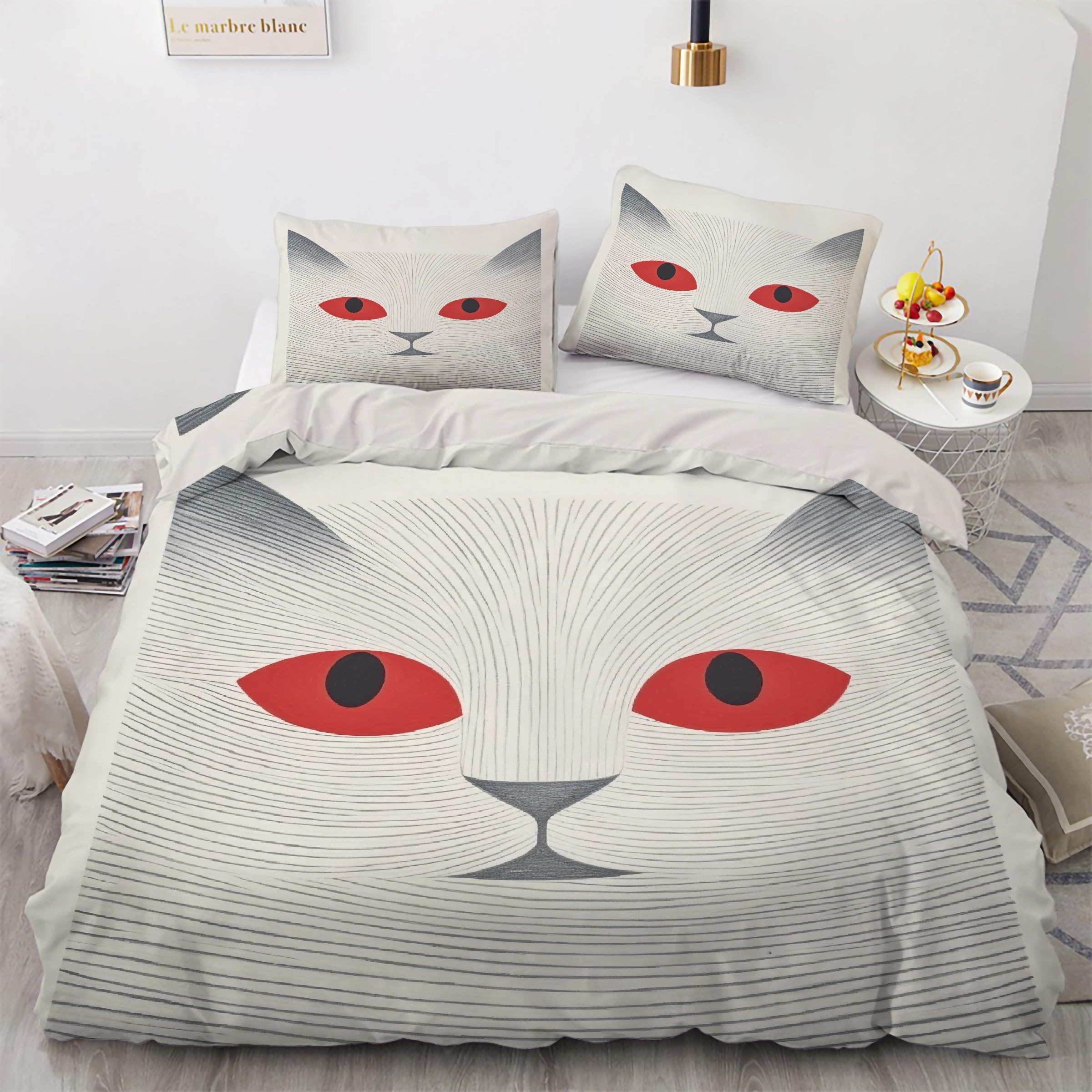 Housse de couette 200x200 chat parure de lit 3 pièces linge de lit microfibre