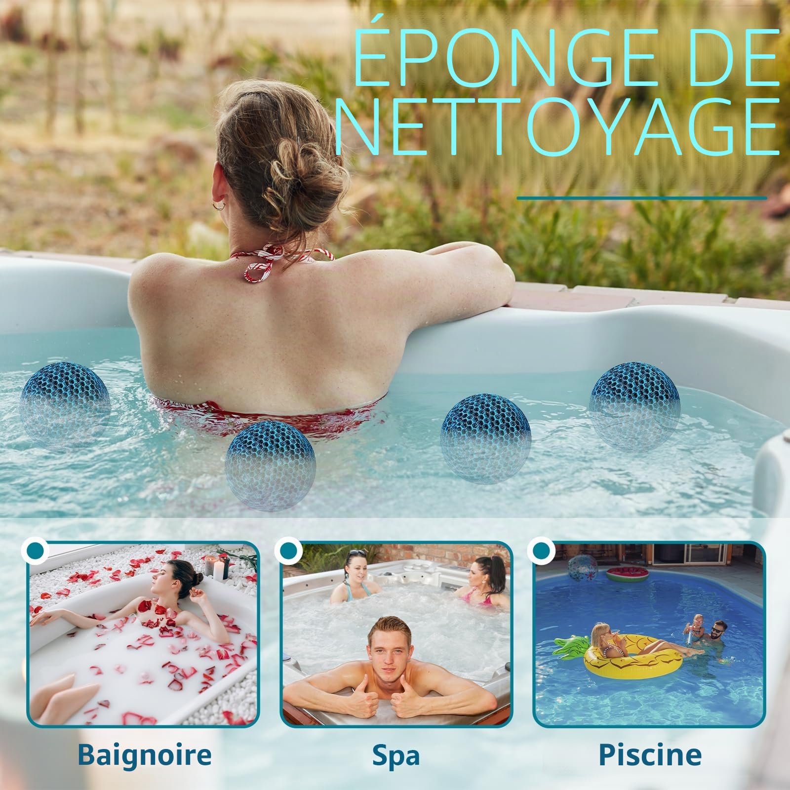 Boule Absorbeur D'écume, Absorbeur D'huile de Piscine Réutilisables, Absorbeurs de Piscine Éponge Flottante, pour Absorbant Mousse et Graisse pour Spa Piscine Baignoire (4, Balle)