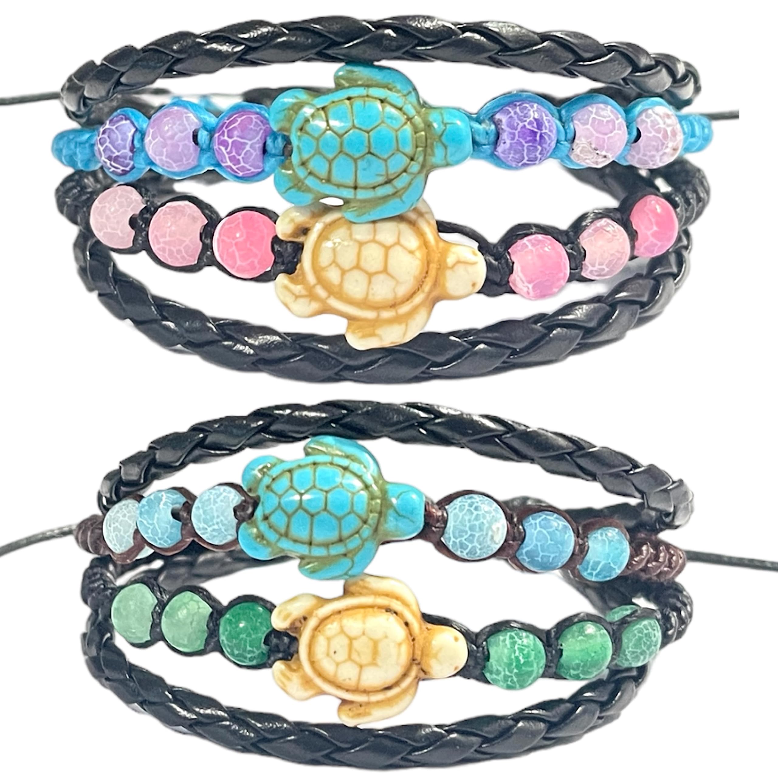 Handmade2Pcs Sea Turtle Beads Bracelet and Natural Stone Cute Bracelet-Hawaiian Sea Turtle Bracelet Friendship Gifts for Women Men Girls Adjustable Cord