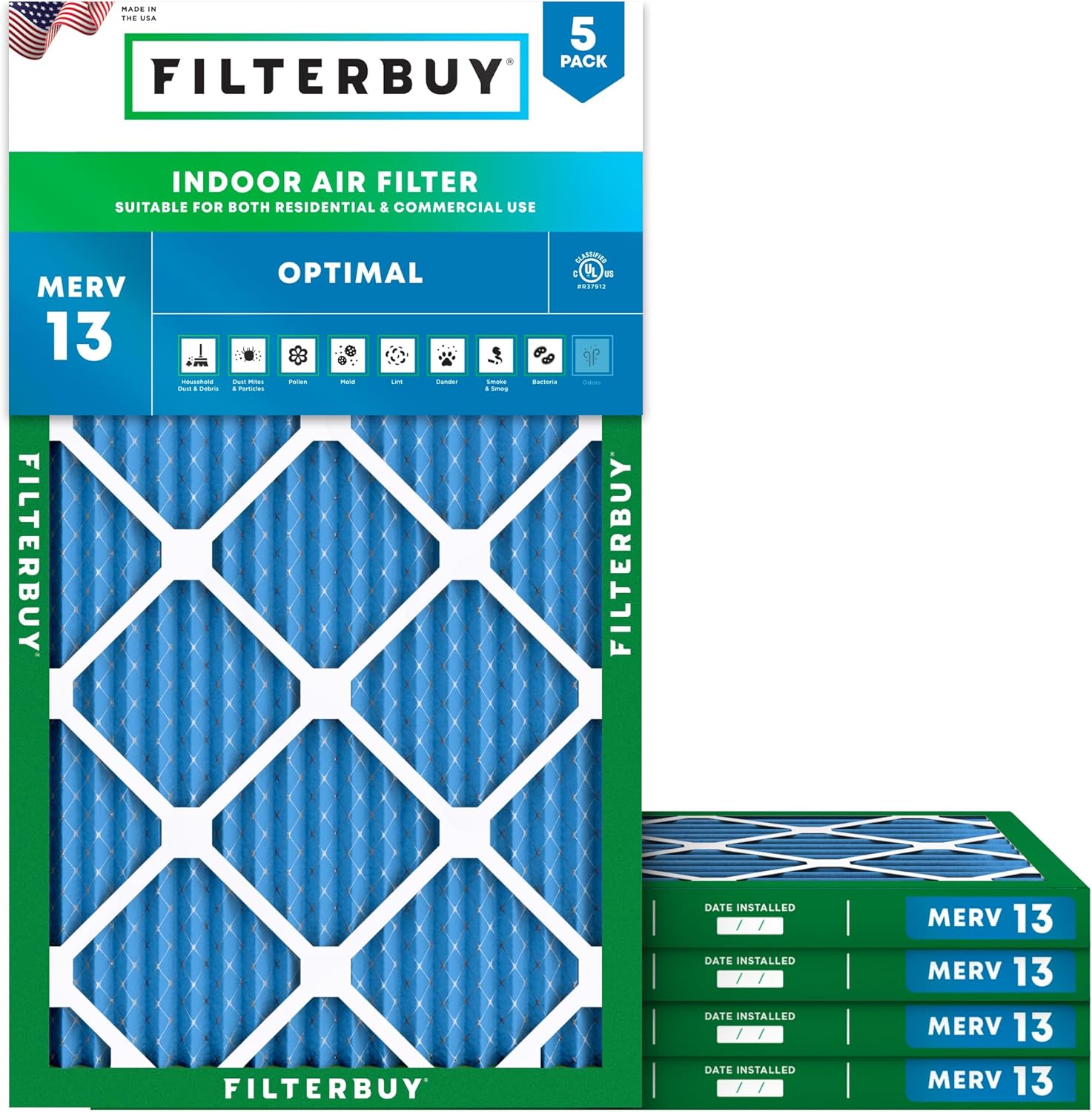 Filterbuy 16x25x1 Air Filter MERV 13 Optimal Smoke & Allergy Defense (5-Pack), Electrostatic Pleated HVAC AC Furnace Filters Replacement (Actual Size: 15.50 x 24.50 x 0.75)