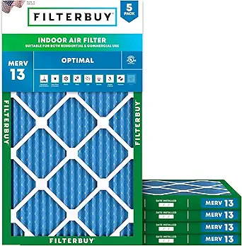 Filterbuy 10x20x1 Air Filter MERV 13 Optimal Smoke & Allergy Defense (5-Pack), Electrostatic Pleated HVAC AC Furnace Filters Replacement, Made in USA (Actual Size: 9.50 x 19.50 x 0.75)