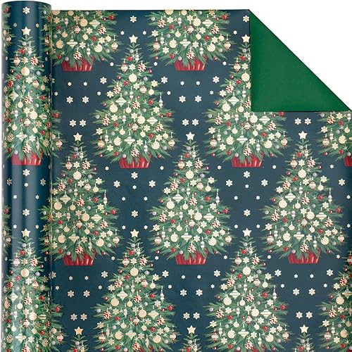 Vista 76 de WRAPAHOLIC Papel de regalo reversible de Navidad, mini rollo, 17 pulgadas x 33 pies, diseño de gnomo azul morado y cuadros con brillo metálico