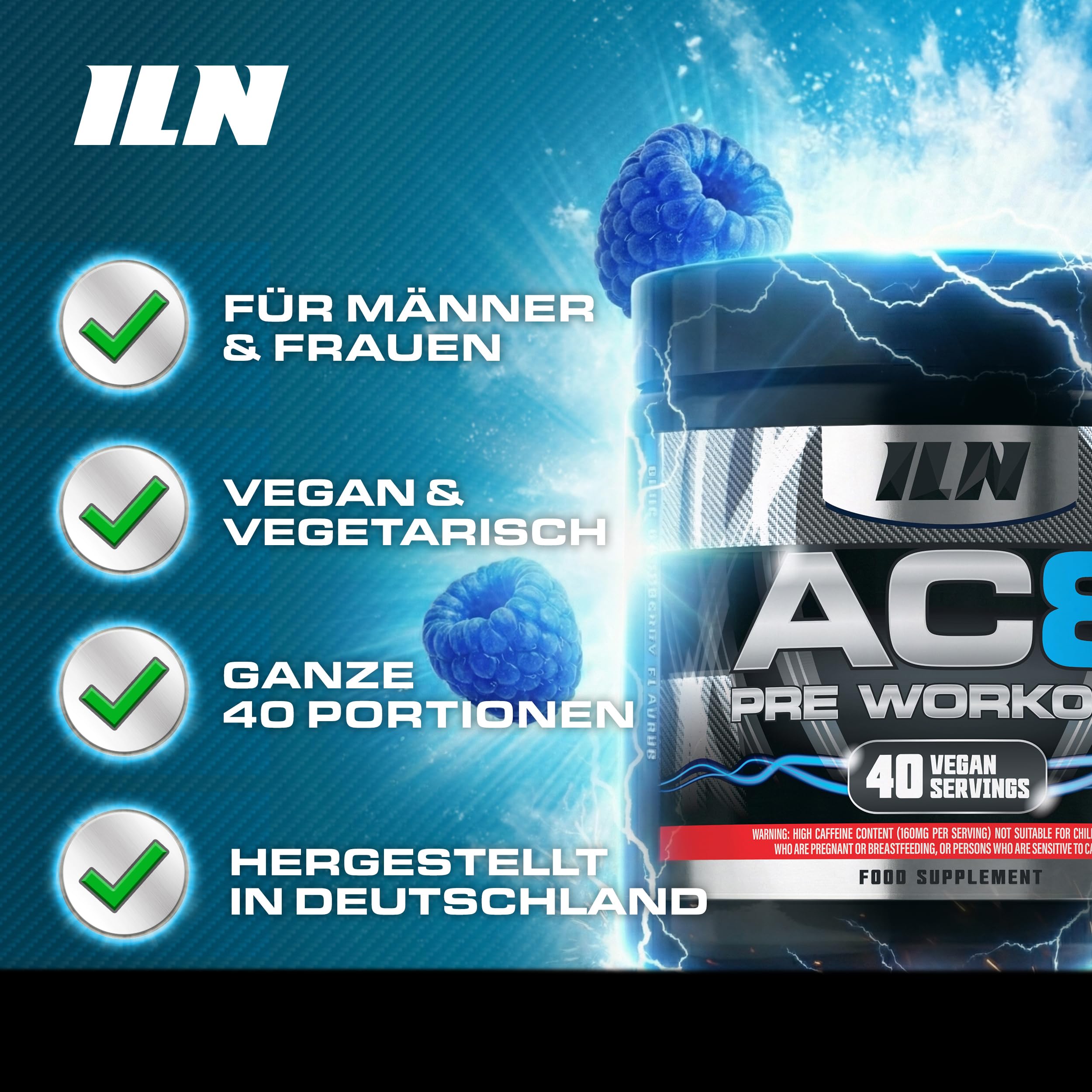 AC8 Pre-Workout Pulver Blue Raspberry - Preworkout Booster Drink mit Kreatin und Koffein - 6.660 mg Aktive je Portion - 360 g