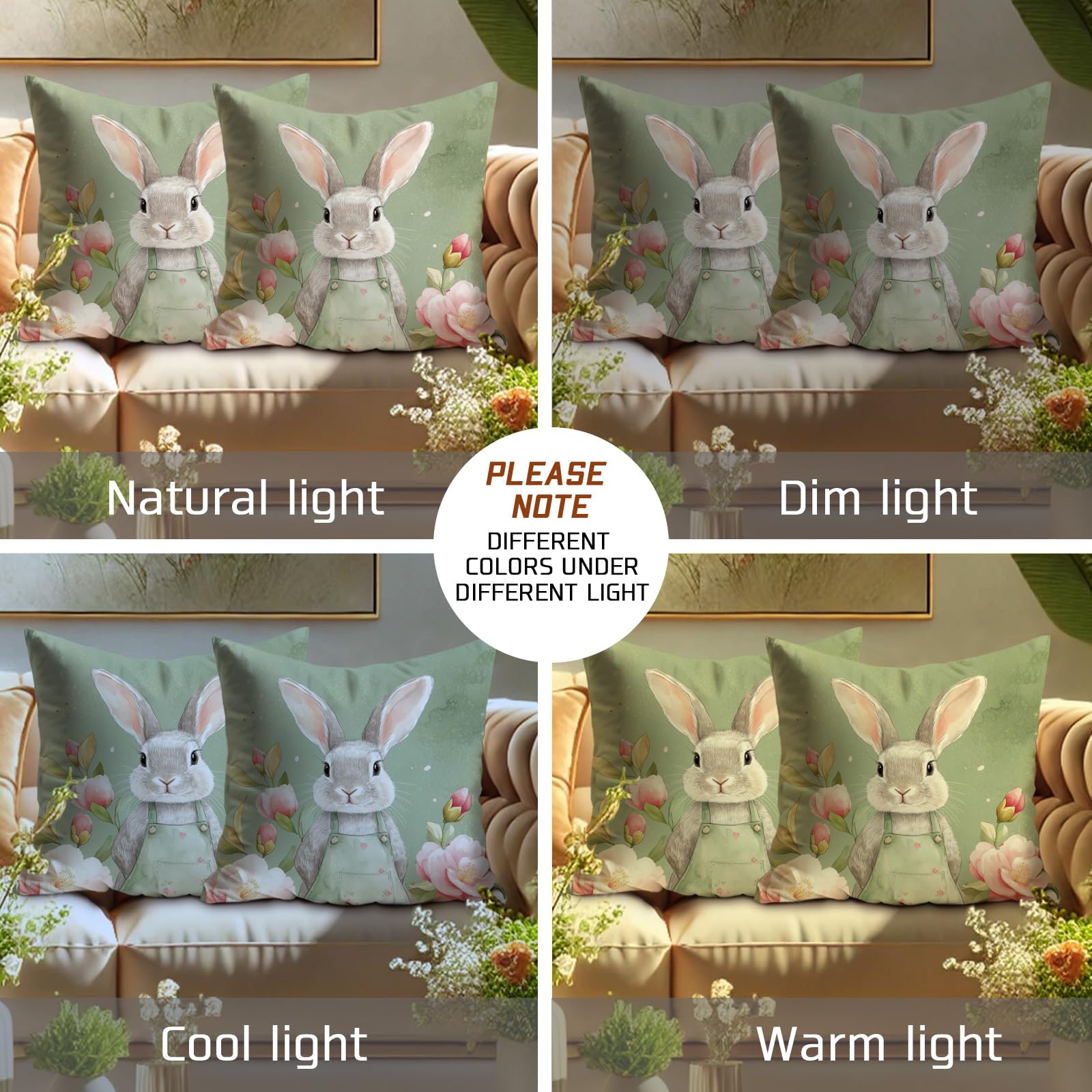 Set di 2 federe per cuscini con coniglio primaverile, verde salvia e floreale, decorazione per casa, divano, letto, 50,8 x 50,8 cm
