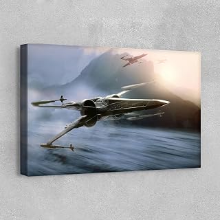 X-Wing Starfighters Float Framed Canvas Wall Art – Sci-Fi Aerial Scene Over Water – Futuristic Decor for Game Room or Home Theater