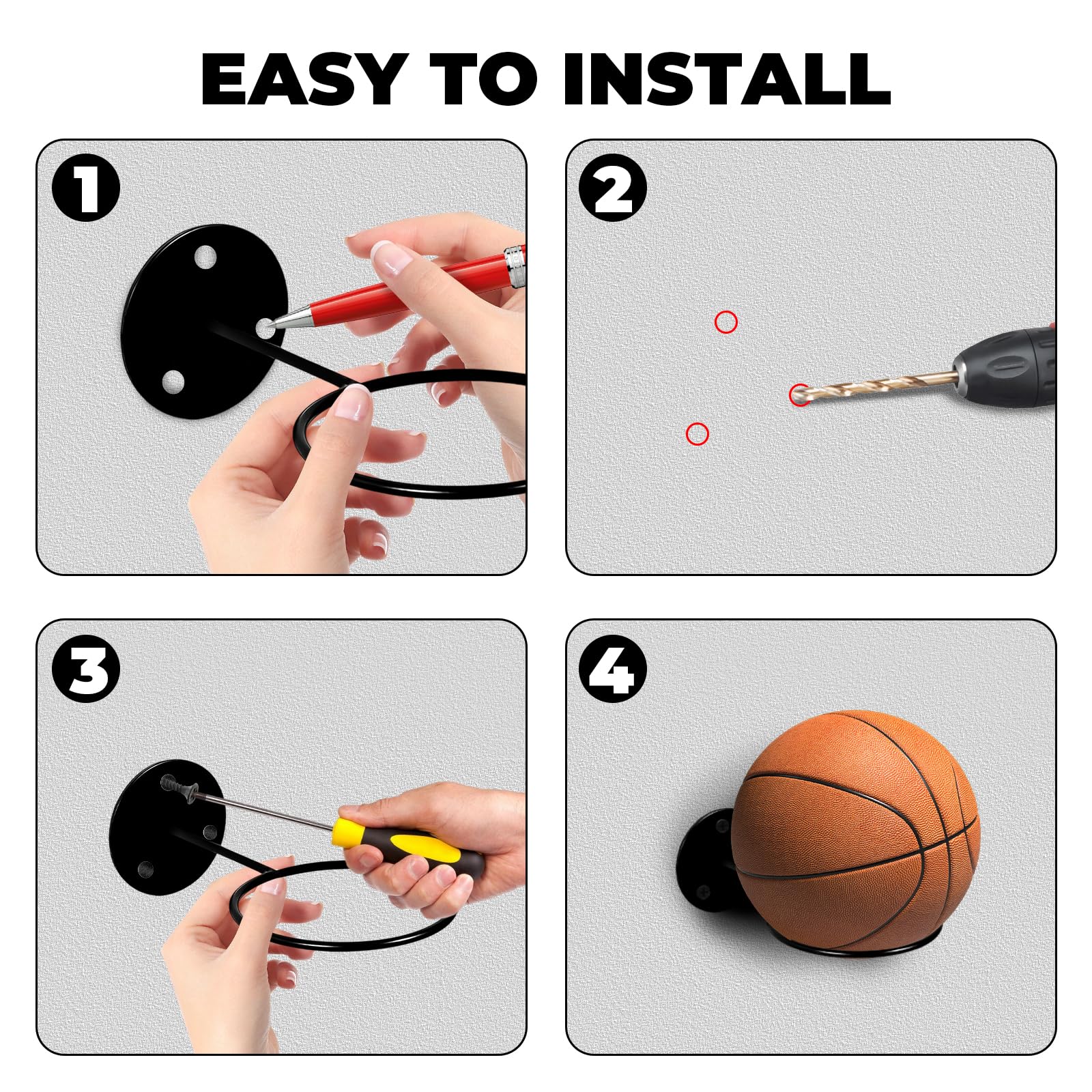 4 Pièces Supports Mural pour Ballons, Porte Ballon Basket, Trois Vis pour Renforcerpour, Rangement pour Basket Ball, Football, Volley Ball, Noir