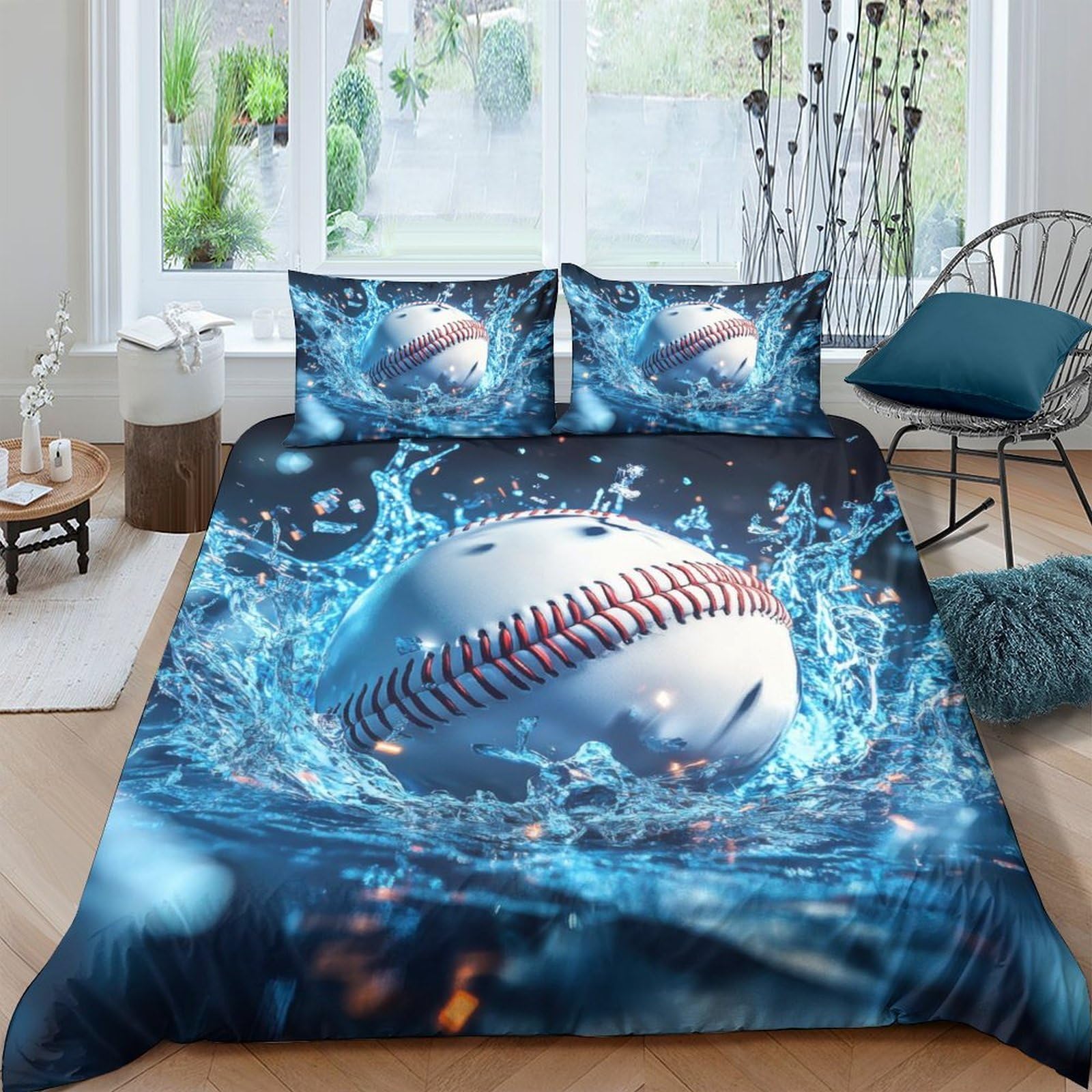 Ctjqhvkz Style-8 3D Printed Splash Baseball Fitted Sheet Microfiber Soft Blue Water Bed Cover For Bedroom Dorm Mattress Protection Decor Single（135X200cm）