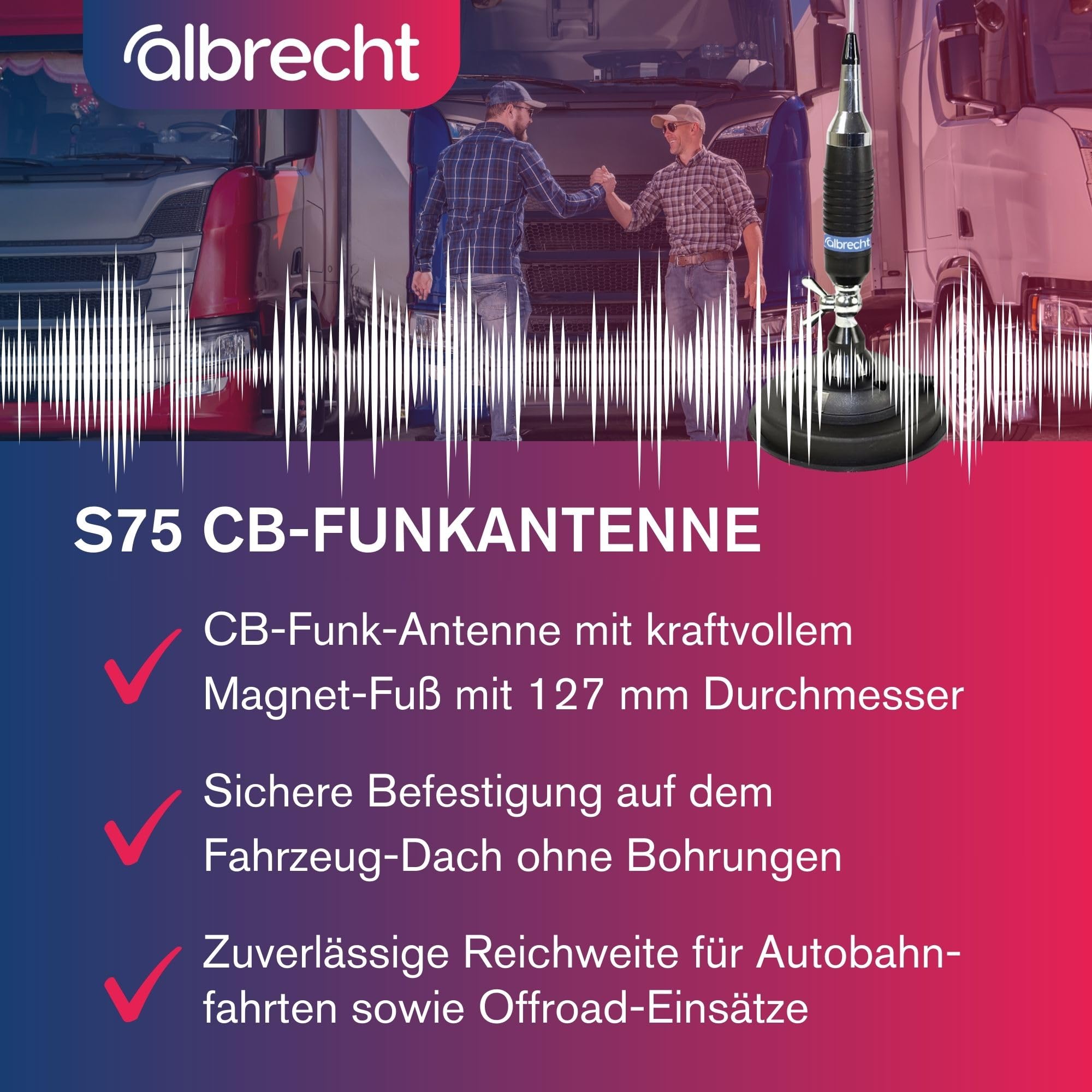 Albrecht S75 CB-Funk Antenne, Mobil-Antenne mit Magnetfuß 127 mm, 76 cm Gesamt-Länge, Komplett-Set inkl. 4 m Kabel & PL-Stecker, neigbar, aus Edelstahl