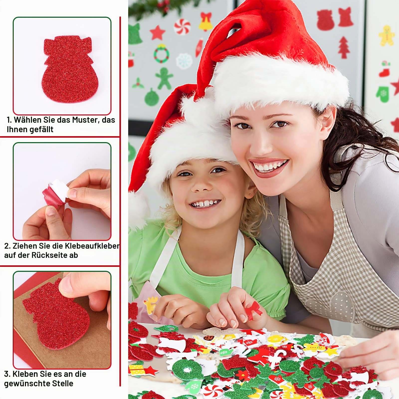 Glitzernde Weihnachtssticker, JULBEAR 300 Stück Selbstklebende Moosgummi Weihnachtsaufkleber Deko Weihnachten Schaumstoff Sticker DIY Filz Weihnachten Aufkleber für Party Basteln Dekoration