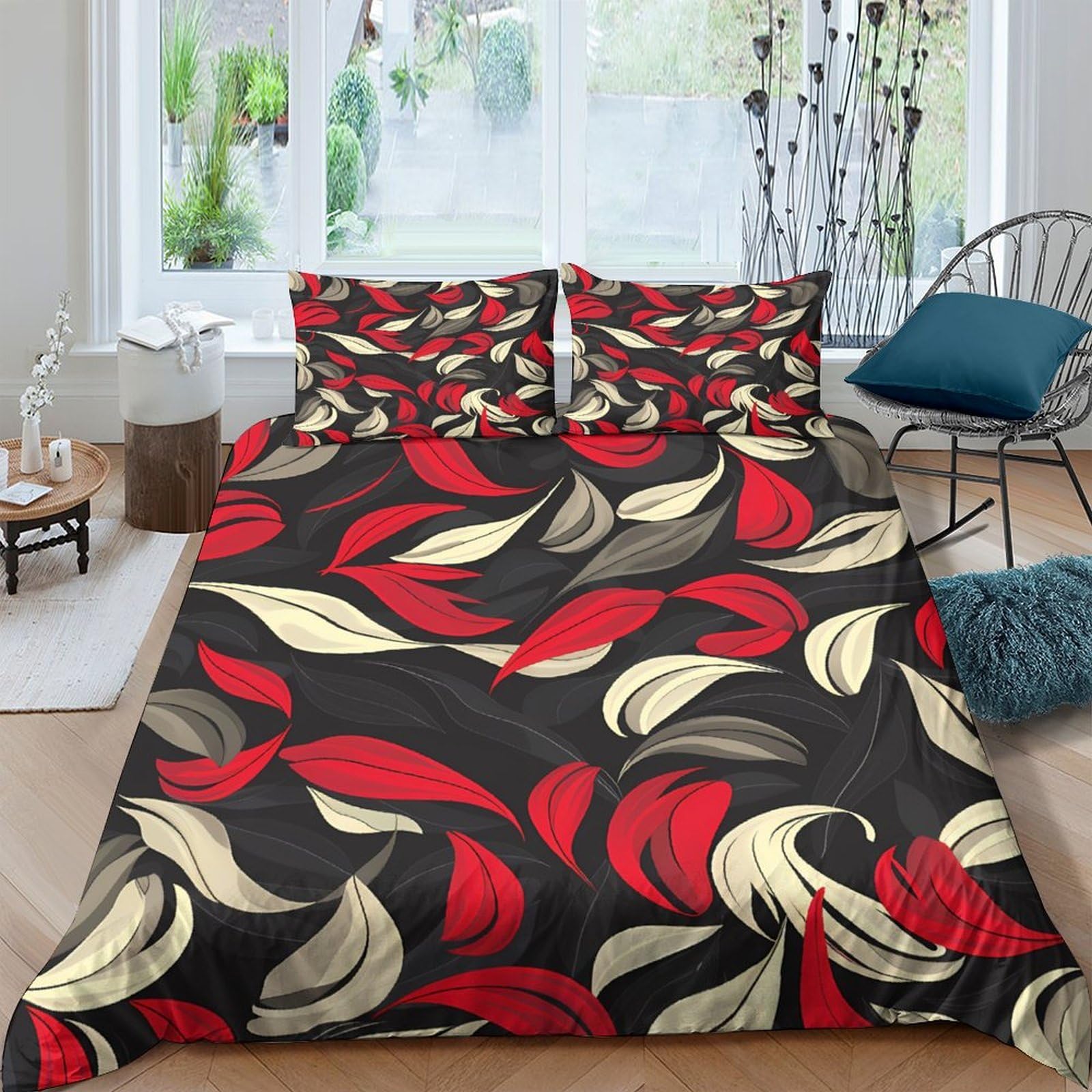 Ctjqhvkz Style-2 3D Printed Red Beige Leaf Fitted Sheet Microfiber Soft Anti-Slip Black Swirl Bed Cover For Bedroom Guest Room Decor Single（135X200cm）