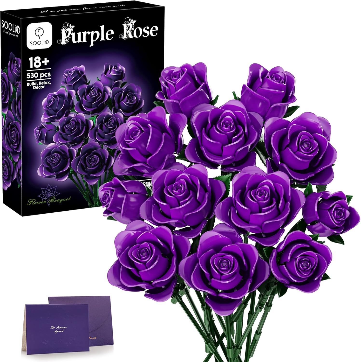 Mothers Day Rose Flower Bouquet Building Set for Adults, Gift for Mom Wife Women Couple Girlfriend, Buildable Purple Artificial Floral Botanical Collection Décor for Home or Office (530 Pcs)