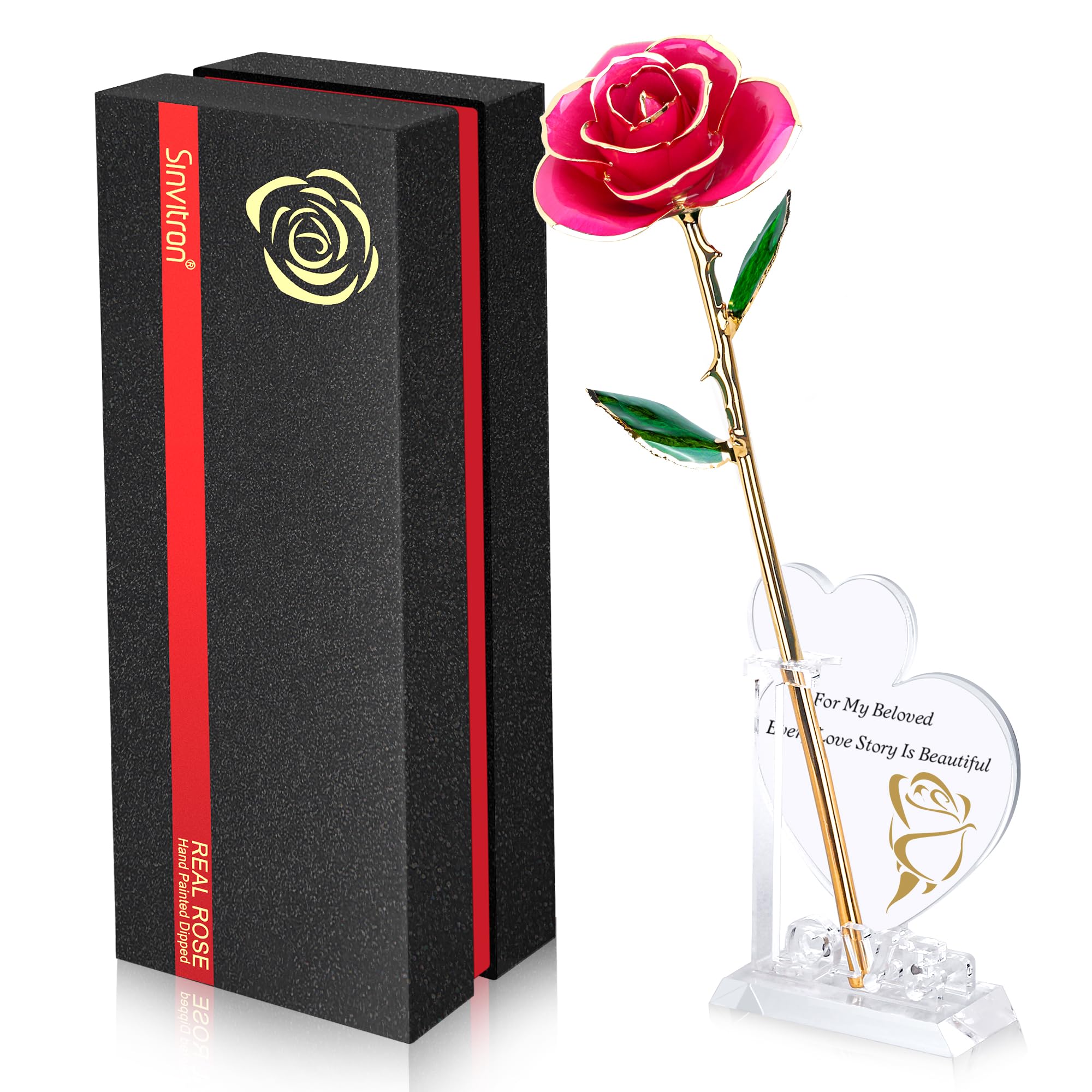 Photo 1 of Sinvitron Gold Dipped Infinity Rose Forever Flower Decor, Resin Preserved Real Rose Birthday Gift for Women, Anniversary Present for Mom (Rose Red)