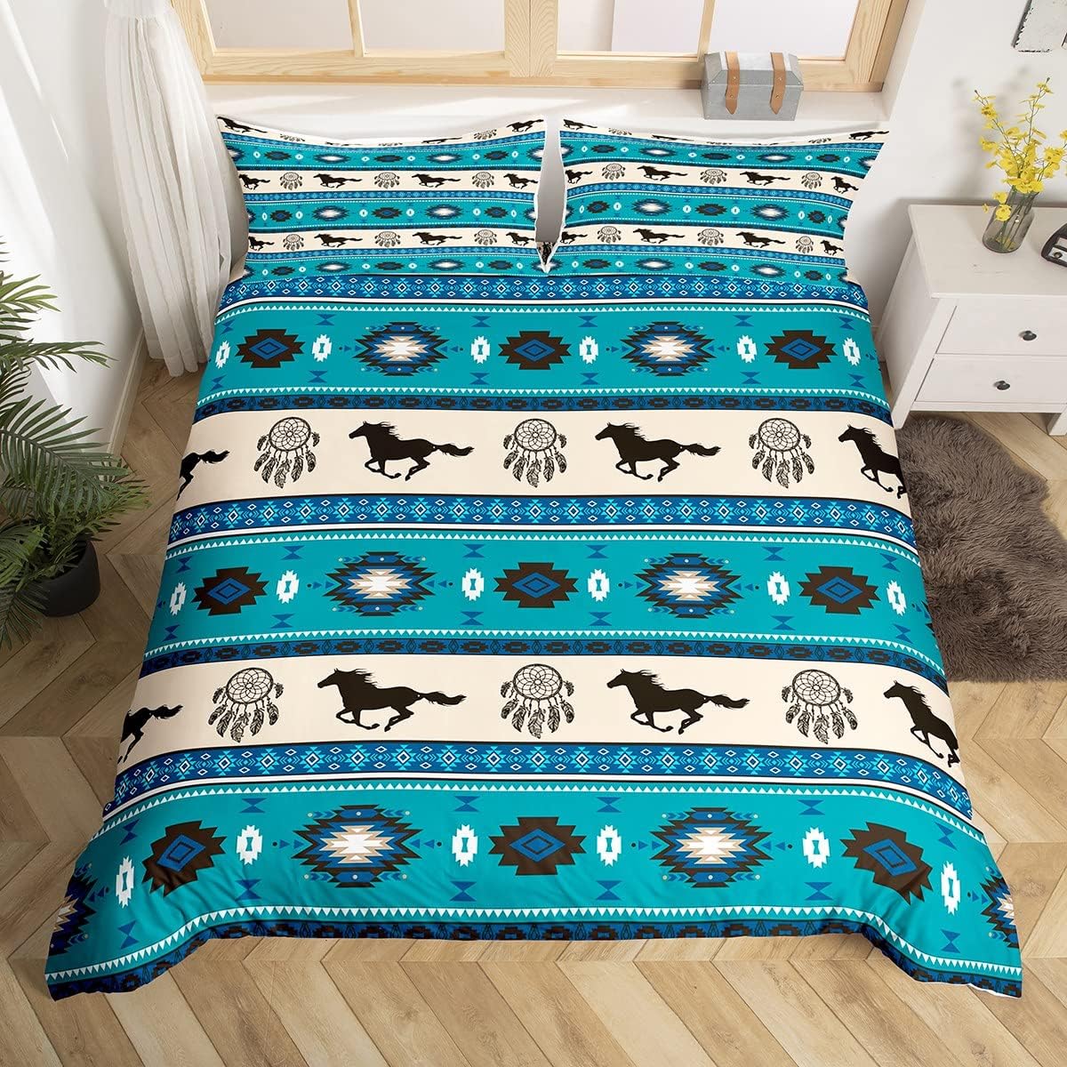 Horse Duvet Cover Set, S Size, Aztec Print, Indian Mexican Style