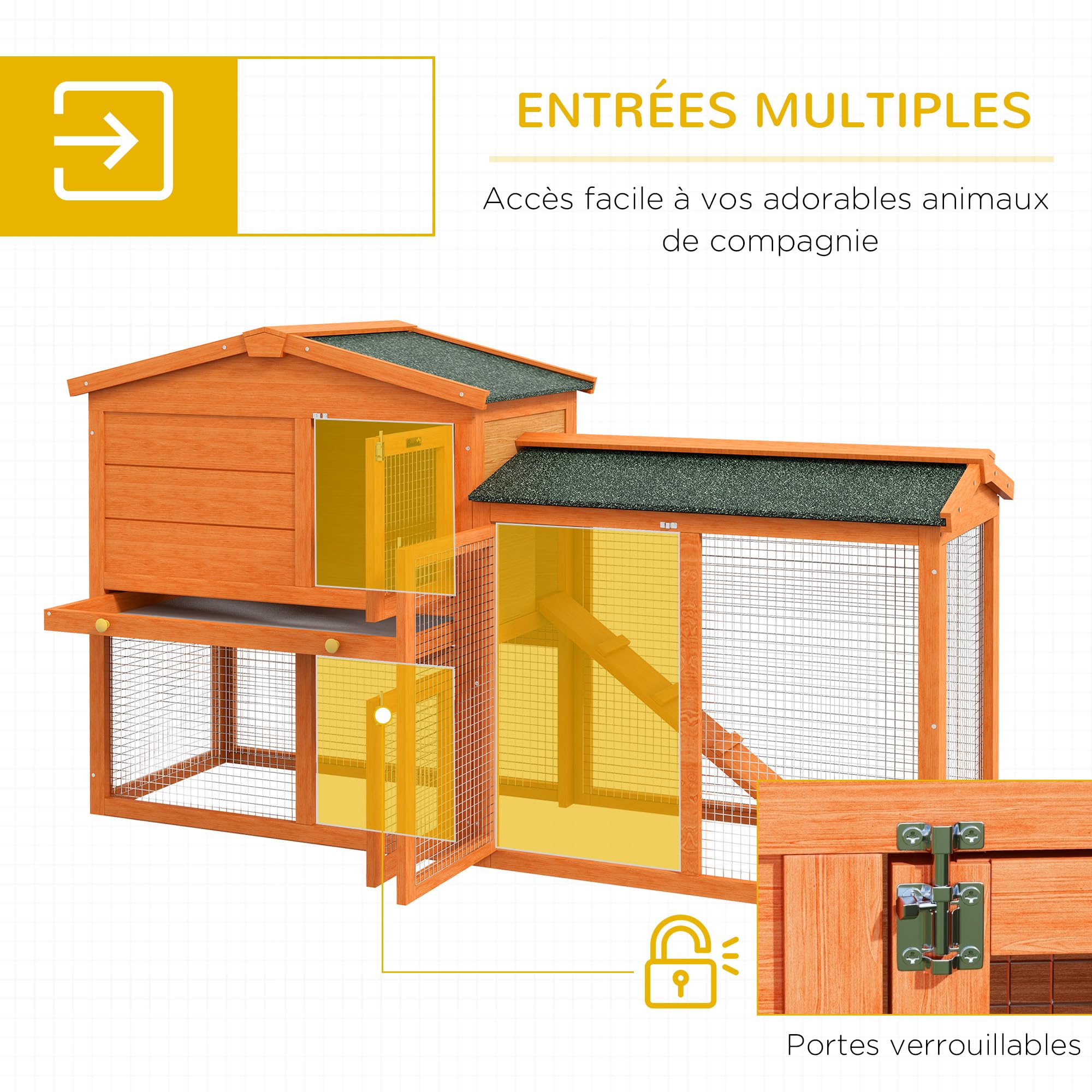 PawHut Clapier Cage à Lapins rongeurs 2 Niveaux 3 Portes verrouillables tiroir à déjection 150L x 45l x 85H cm Bois Massif Sapin