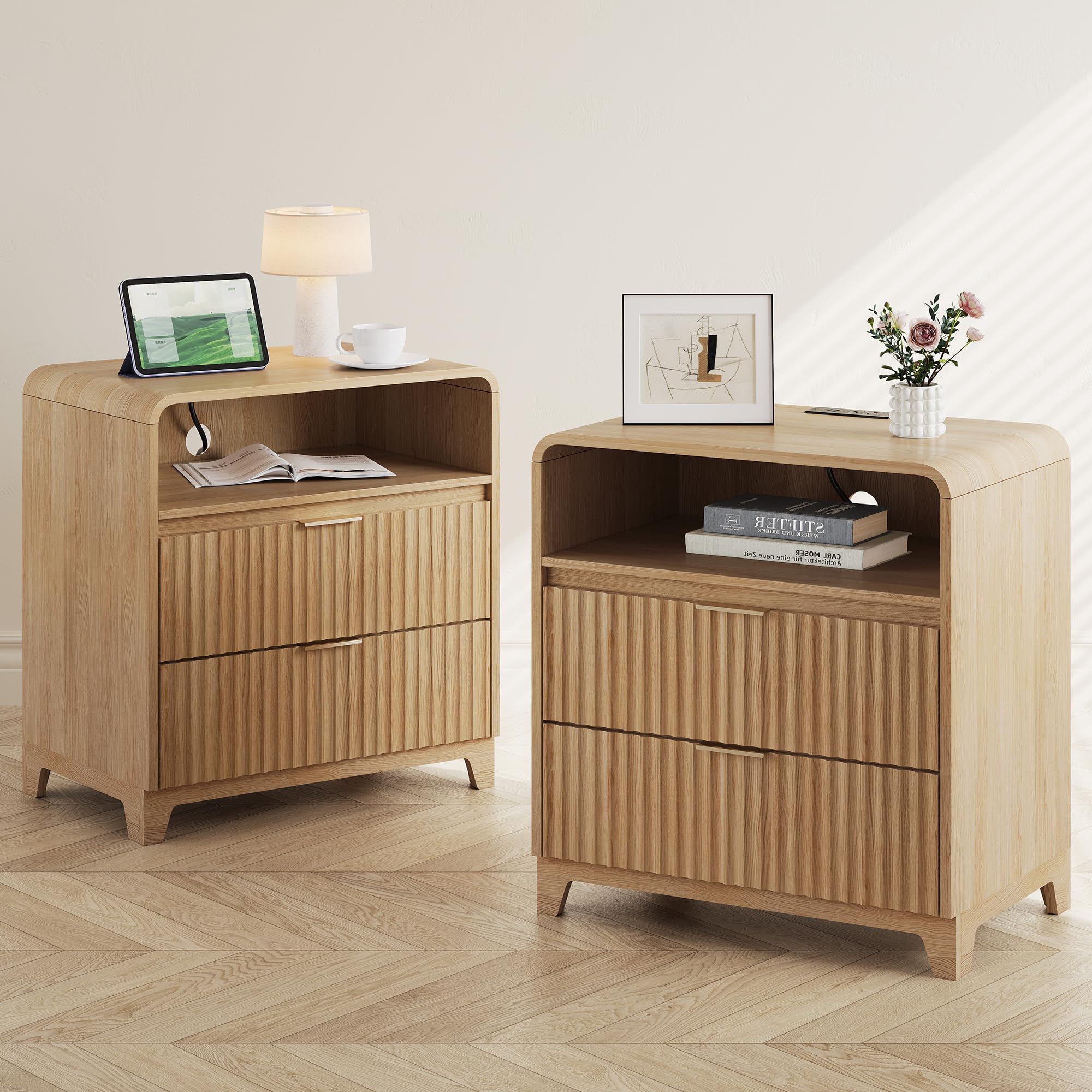 Natural Nightstand Set of 2, 24 in Wide Wood Nightstand with Charging Station and 2 Drawers, Fluted Modern Night Stand Bed Side End Table for Bedroom, Living Room, Natural Oak