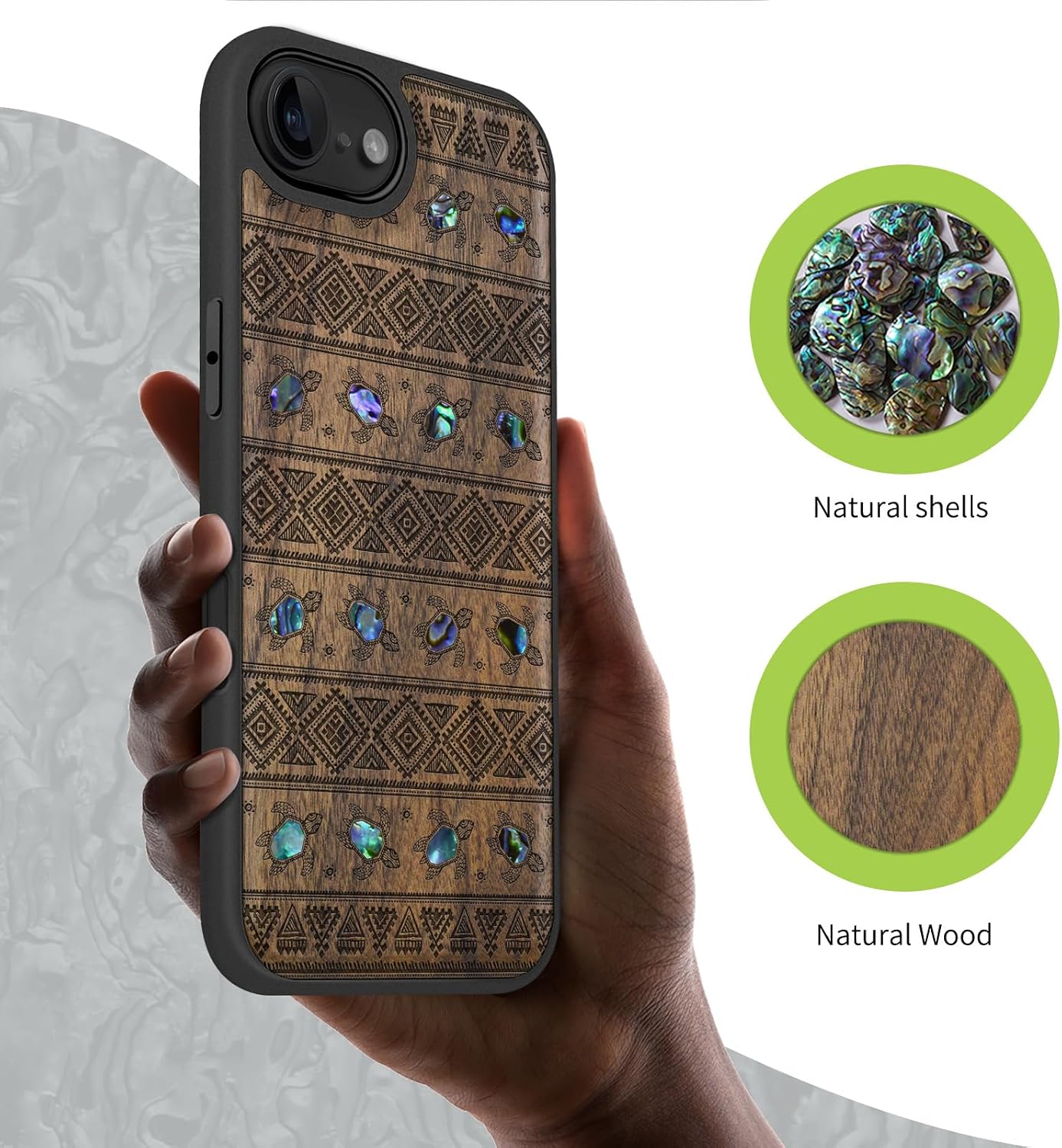Carveit Magnetic Wooden Case for iPhone 16e / 17e, Wood Artisan Engraved & Handmade Shell Inlaid, TPU Shockproof Cover, Compatible with MagSafe Wireless Chargers, Sami Turtles - Walnut