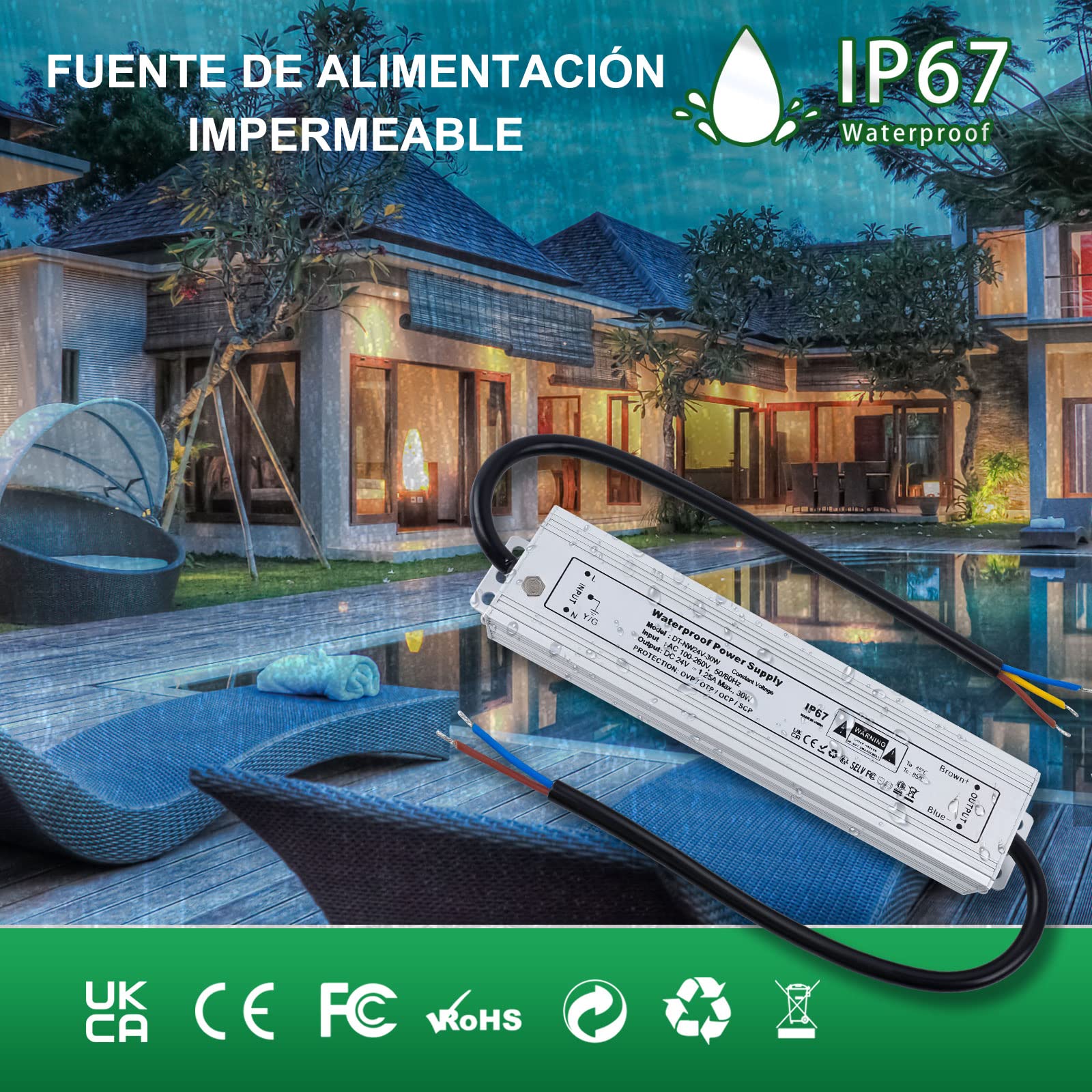 REYLAX Fuente de Alimentación LED 24V 30W 1.25A, IP67 Imperméable Transformador LED Exterior, Fuente de Alimentacion 220/230V a DC 24V, Voltaje Constante LED Driver, para Tira y G4 MR16 Luces Led