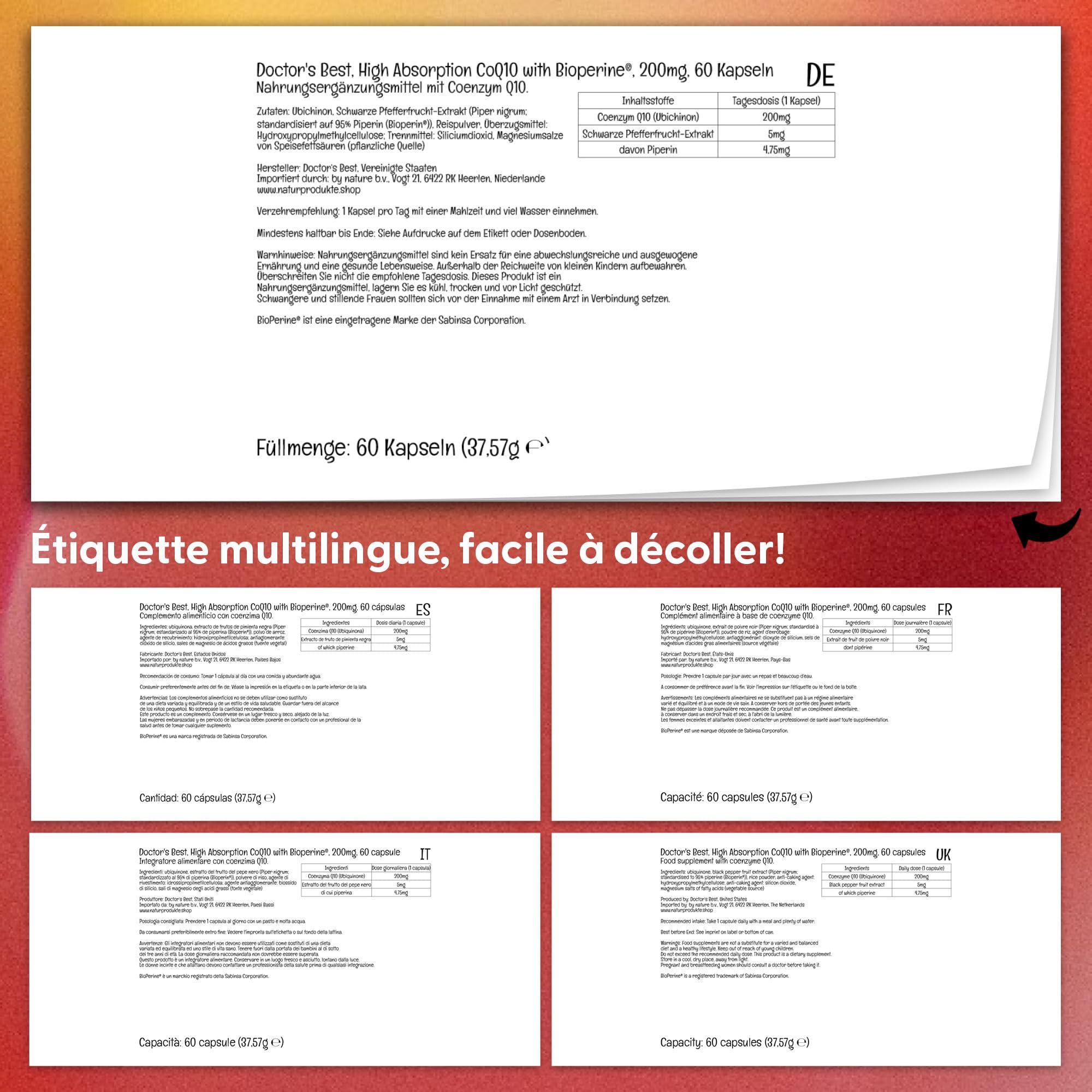 Doctor's Best, High Absorption CoQ10 avec BioPerine, 200mg, 60 Capsules végétaliennes, Testé en laboratoire, Sans Gluten, Sans Soja, Végétarien