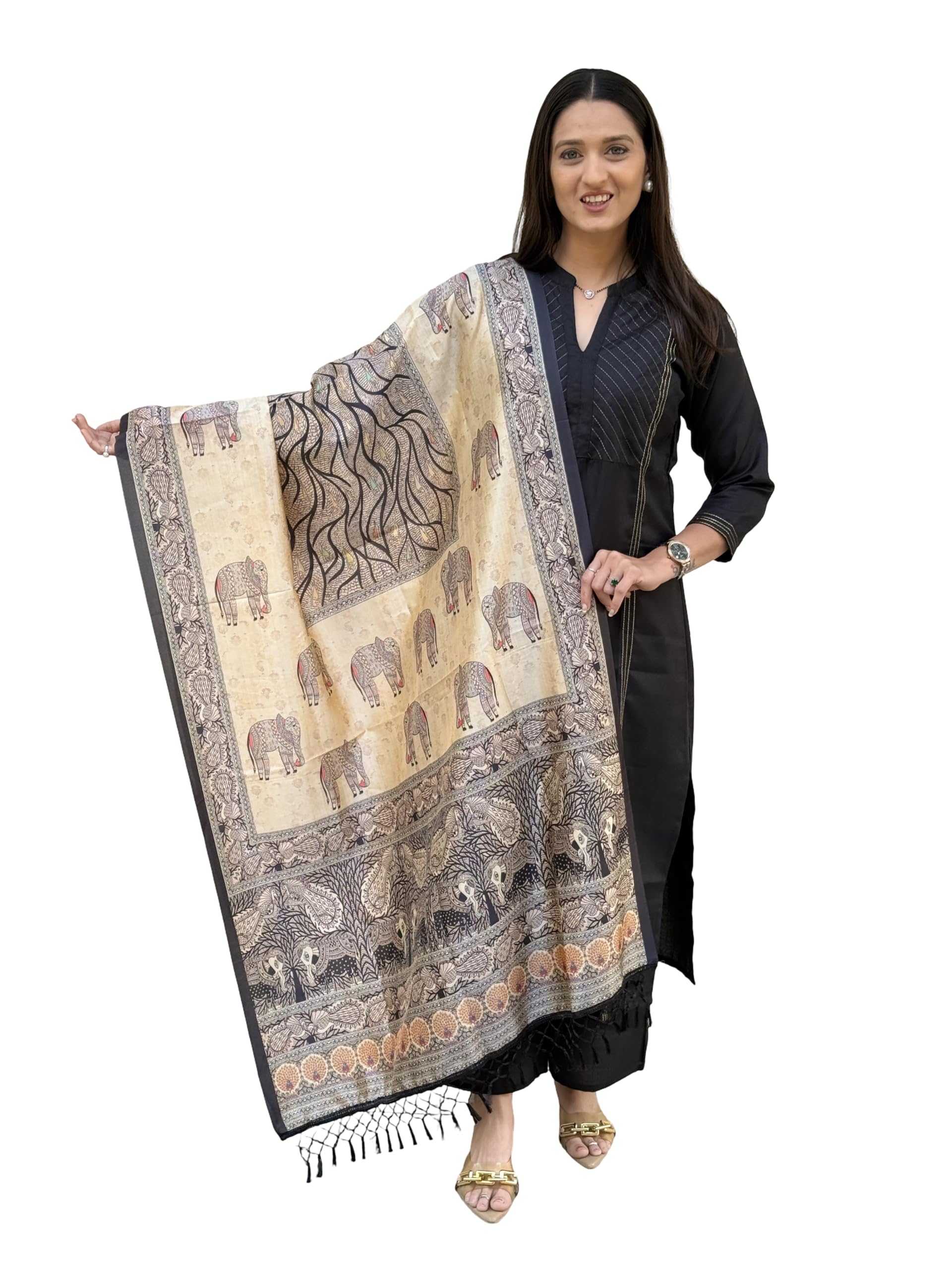 Ethnic Elephant Print Dupatta with Tassels – Traditional Kalamkari Style Stole-image-37