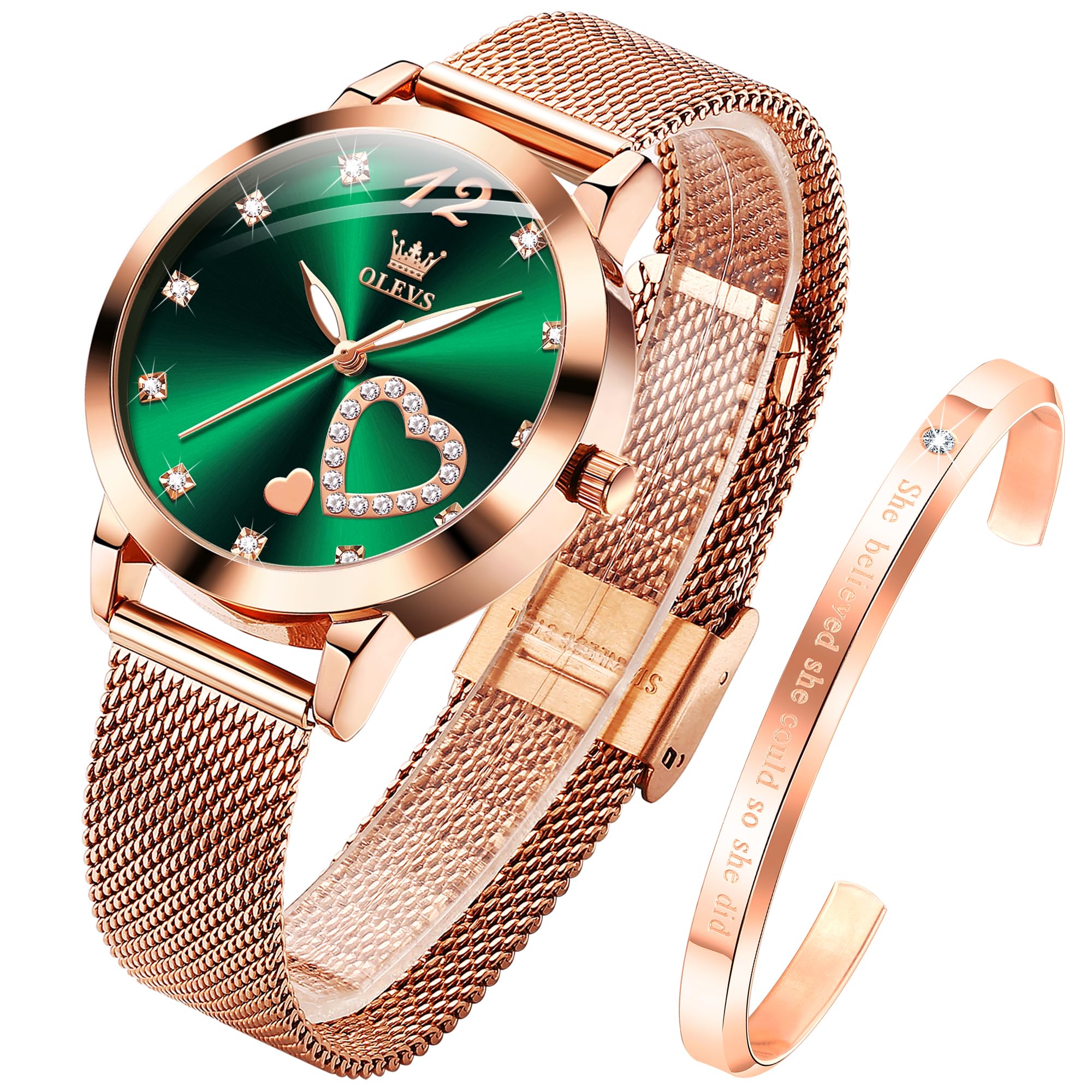 OLEVS Womens Rose Gold Watches Heart Diamond Japanese Quartz Movement Girls Ladies Wristwatch Big Face Waterproof Mesh Belt Watch and Bracelet Set Valentines Day Gifts (B0D9K53JKH) Amazon Price History, Amazon Price Tracker