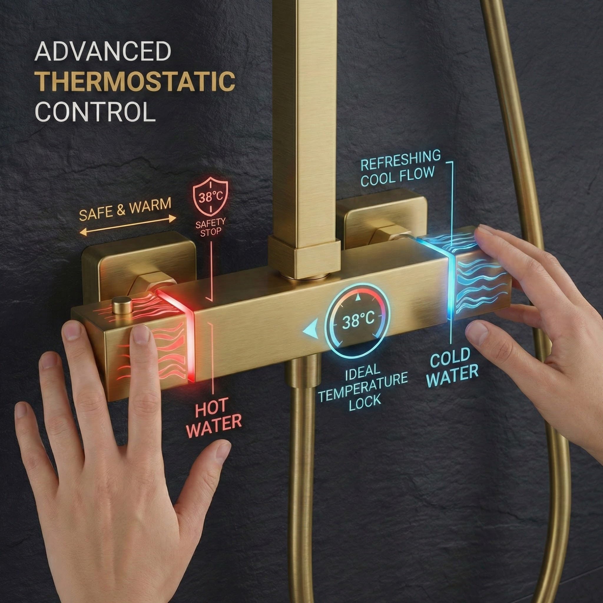 Système de douche thermostatique | Ensemble mitigeur de douche thermostatique avec douche à effet pluie et douchette à main (laiton)