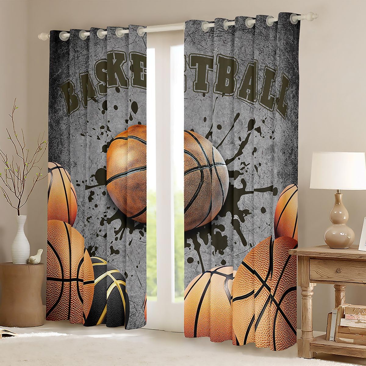 Homewish Sport Curtain Basketball Fenstervorhang 137x117(HxB) Jungen 3D Baseball Ledermuster Blickdichte Vorhänge Schlafzimmer Coole Ballspiele Tintendruck 2 Paneele Gardienen
