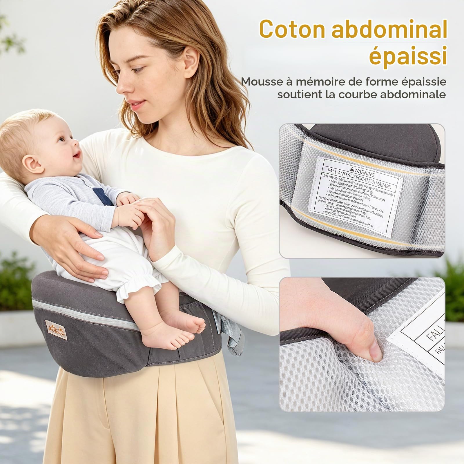 Viedouce Porte Bébé Hanche Ergonomique, Tabouret Siège de Hanche pour Nourrissons et Enfants, Multi Positions, Ceinture de Sécurité de 4-36 Mois （ Gris Foncé）
