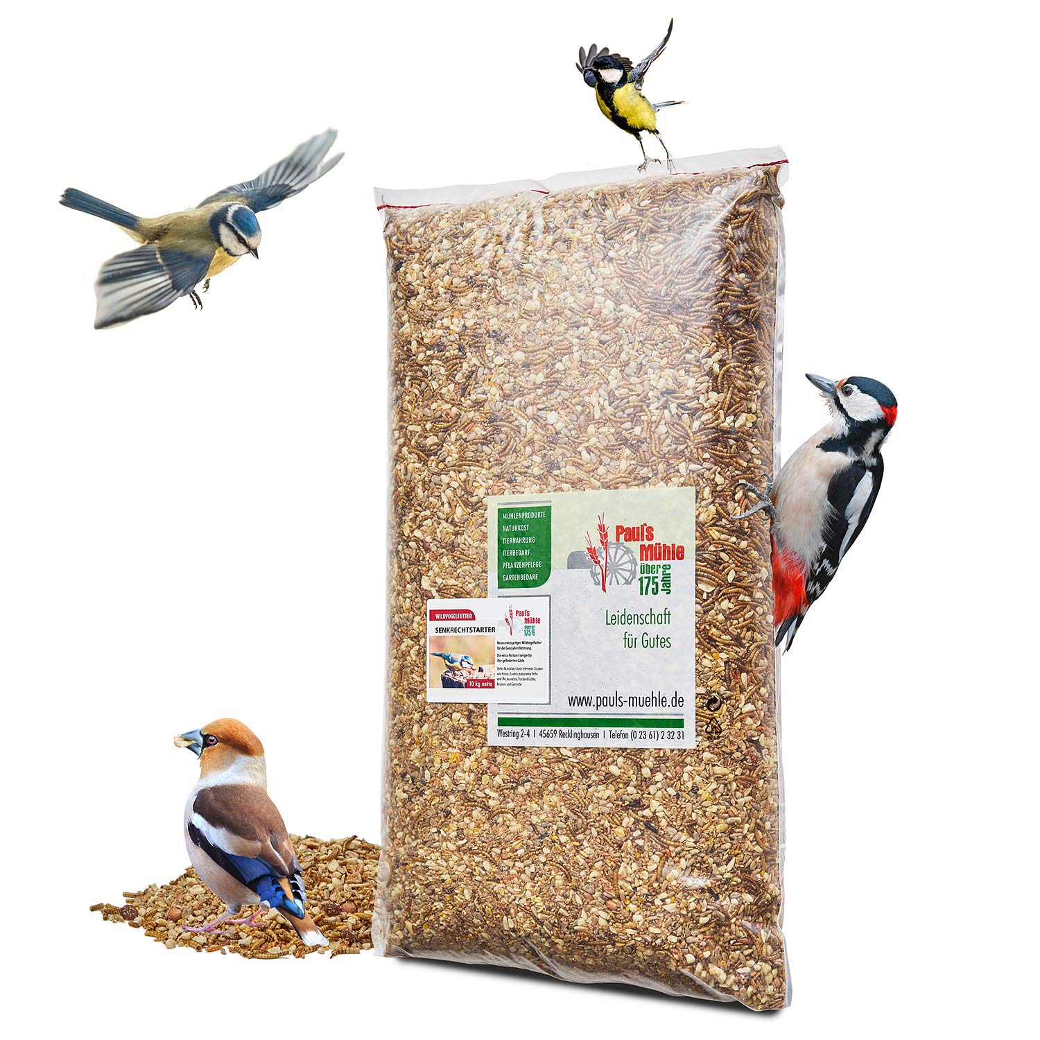 Paul's Mühle Premium Ganzjahresfutter für Wildvögel mit Extra Hohem Fettanteil, Vogelfutter zur Ganzjahresfütterung, Senkrechtstarter, 10 kg