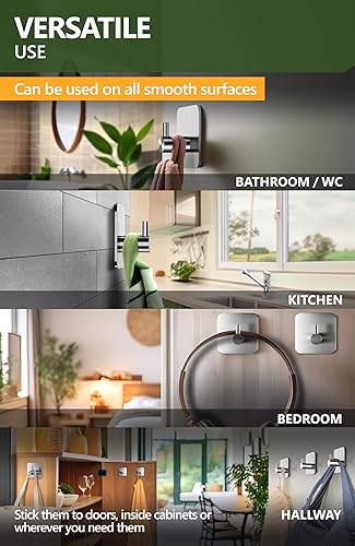 Miniatura 5 de Ganchos adhesivos para toallas para baños, juego de 6  Perchero autoadhesivo de acero inoxidable, ganchos de pared adhesivos duraderos  Soporte para