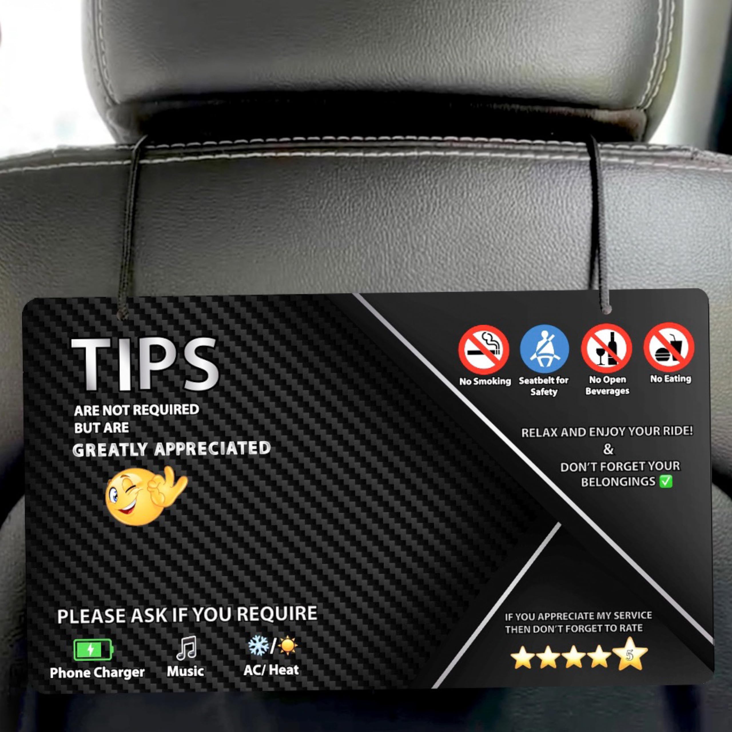 Stedecals 2 Pack Rideshare Tip Ratings Safety Signs Compatible with Lyft and Uber - Drivers Accessories Sign for Passengers (Single Sided) Carbon Fiber