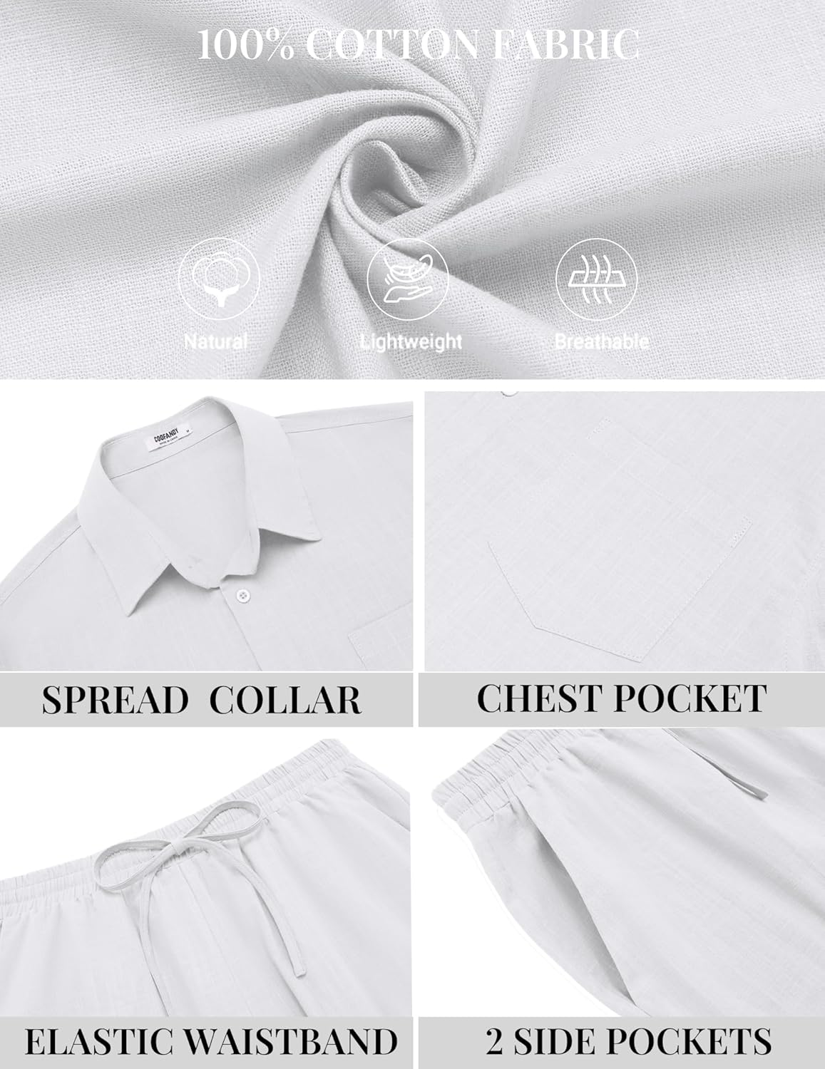 COOFANDY Men's 2 Piece Summer Outfits Short Sleeve Casual Beach Button Down Shirts and Shorts Vacation Cotton Sets - Image 5