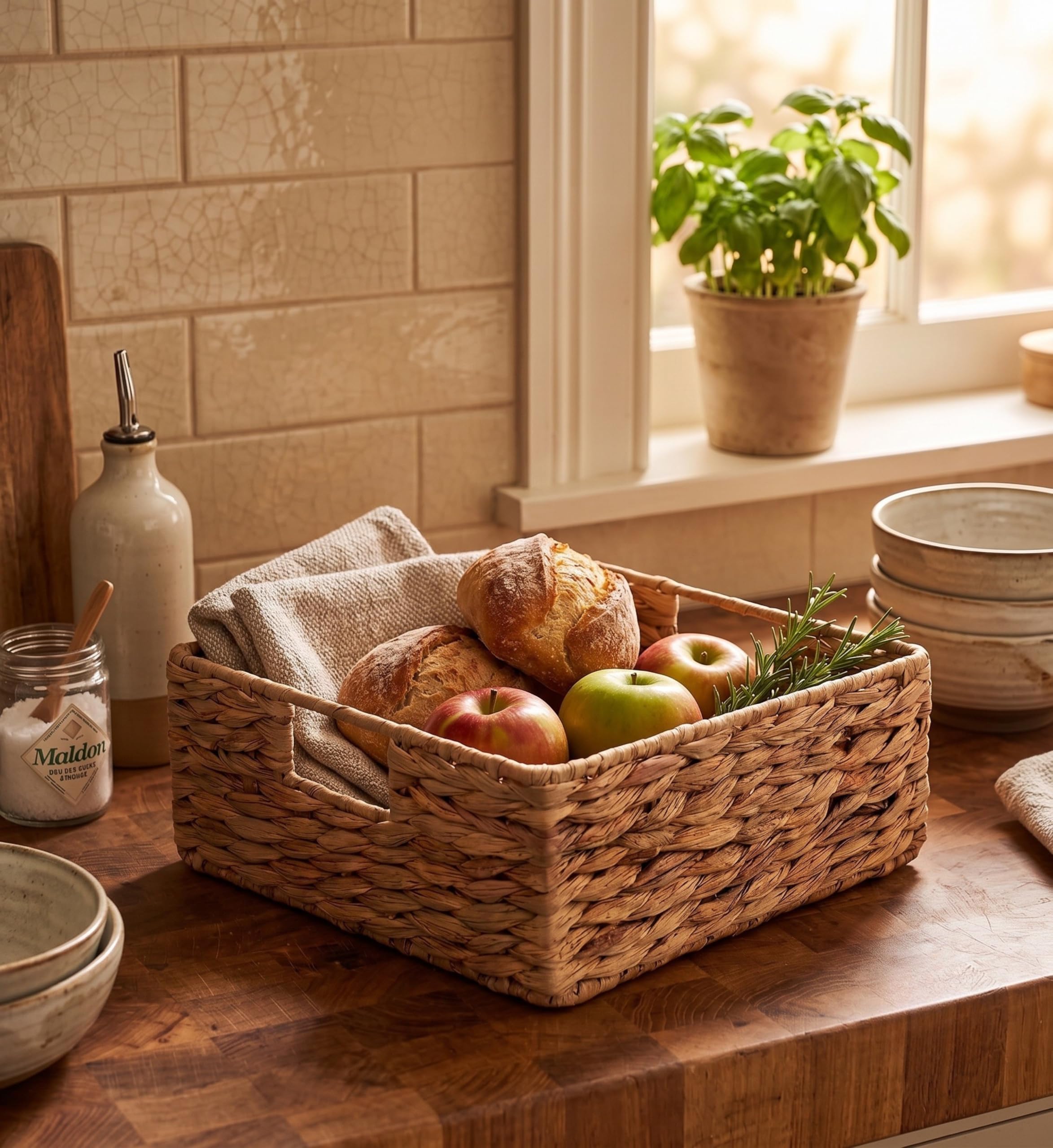 Cesto portaoggetti naturale in giacinto d'acqua, intrecciato a mano, rettangolare, elegante ordine per la casa, 28 × 28 × 11 cm (2)