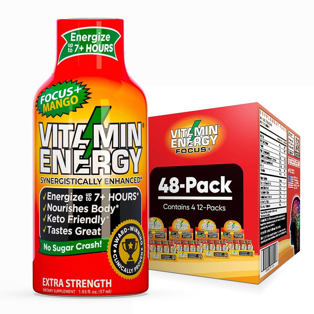 Vitamin Energy Focus+ Extra Strength Energy Shot Mango 48 Pack, 260mg Natural Caffeine, B-Vitamins, CoQ10, Amino Acids, Focus, Productivity & Clarity, Zero Sugar, Gluten-Free, 1.93 fl oz