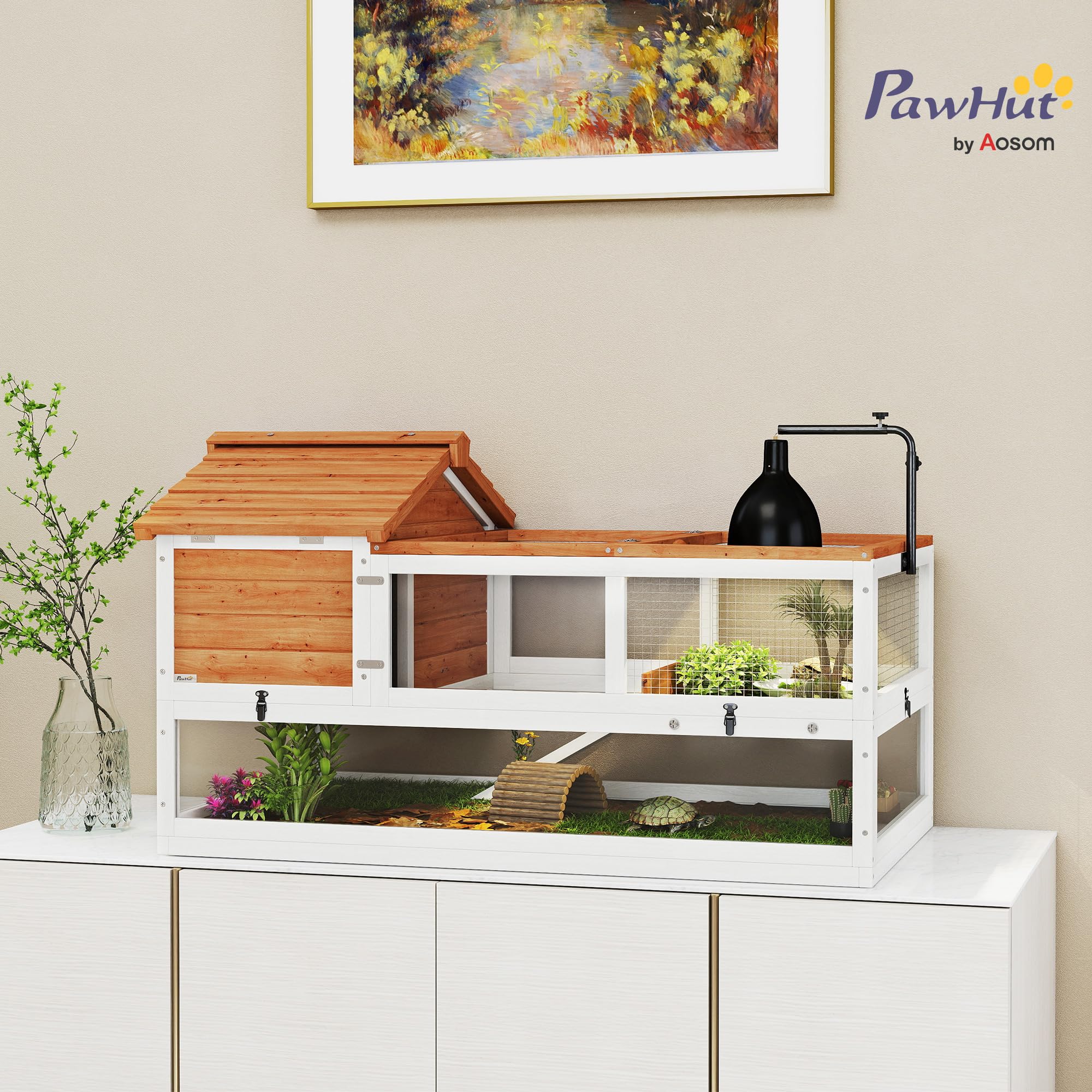 PawHut Schildkrötenhaus aus Holz Schildkrötengehege mit Zwei Haupthäusern aufklappbarem Oberseite Lampenhalter, Outdoor Reptilienkäfig Terrarium für Schildkröten Reptilien 116 x 70,5 x 69,5cm Orange