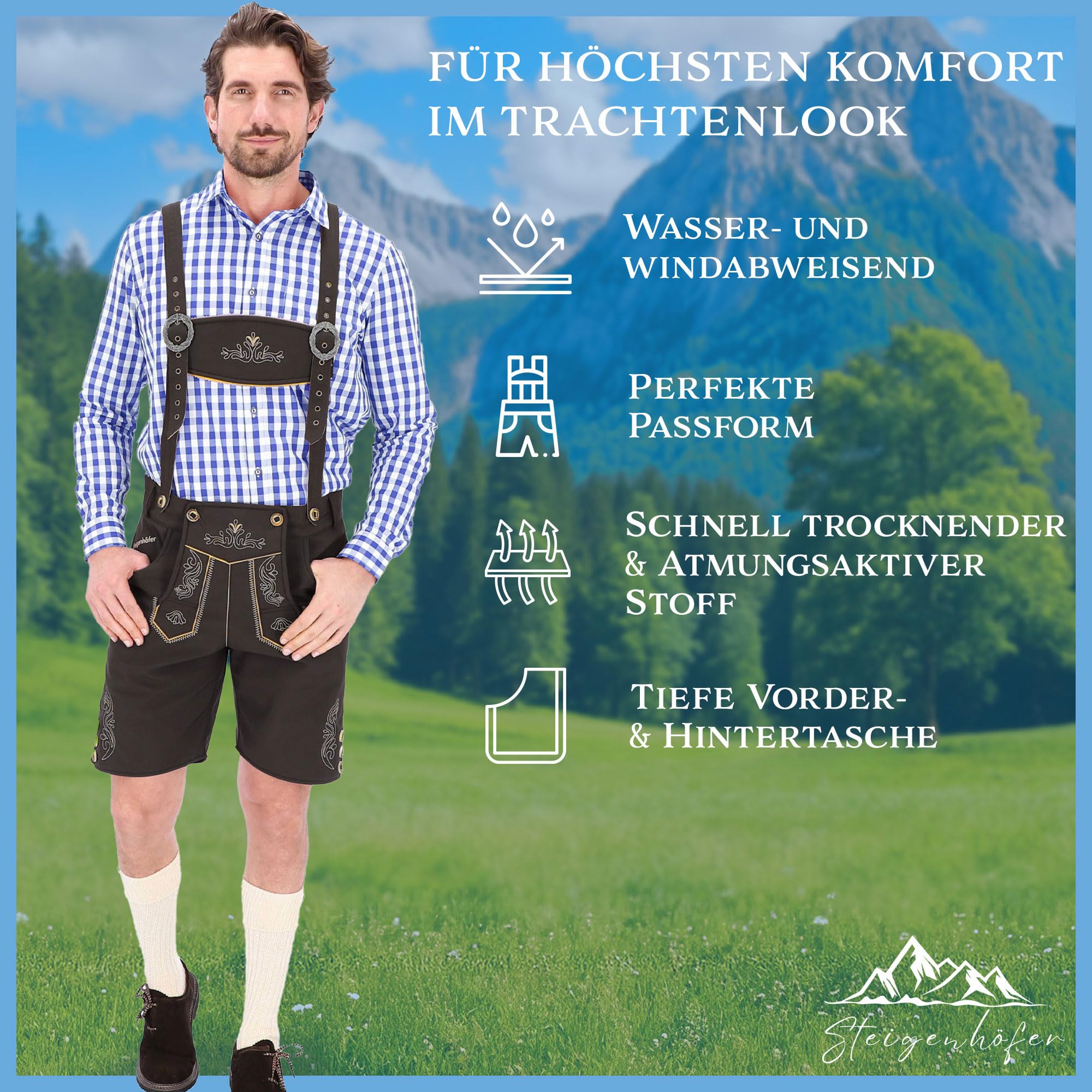 Steigenhöfer Manufaktur Kurze Trachten Softshell Hose mit Träger im Lederhosen Look - Lukas - Lederhose Herren Tracht - Wasser- und windabweisend mit Trägern für Oktoberfest