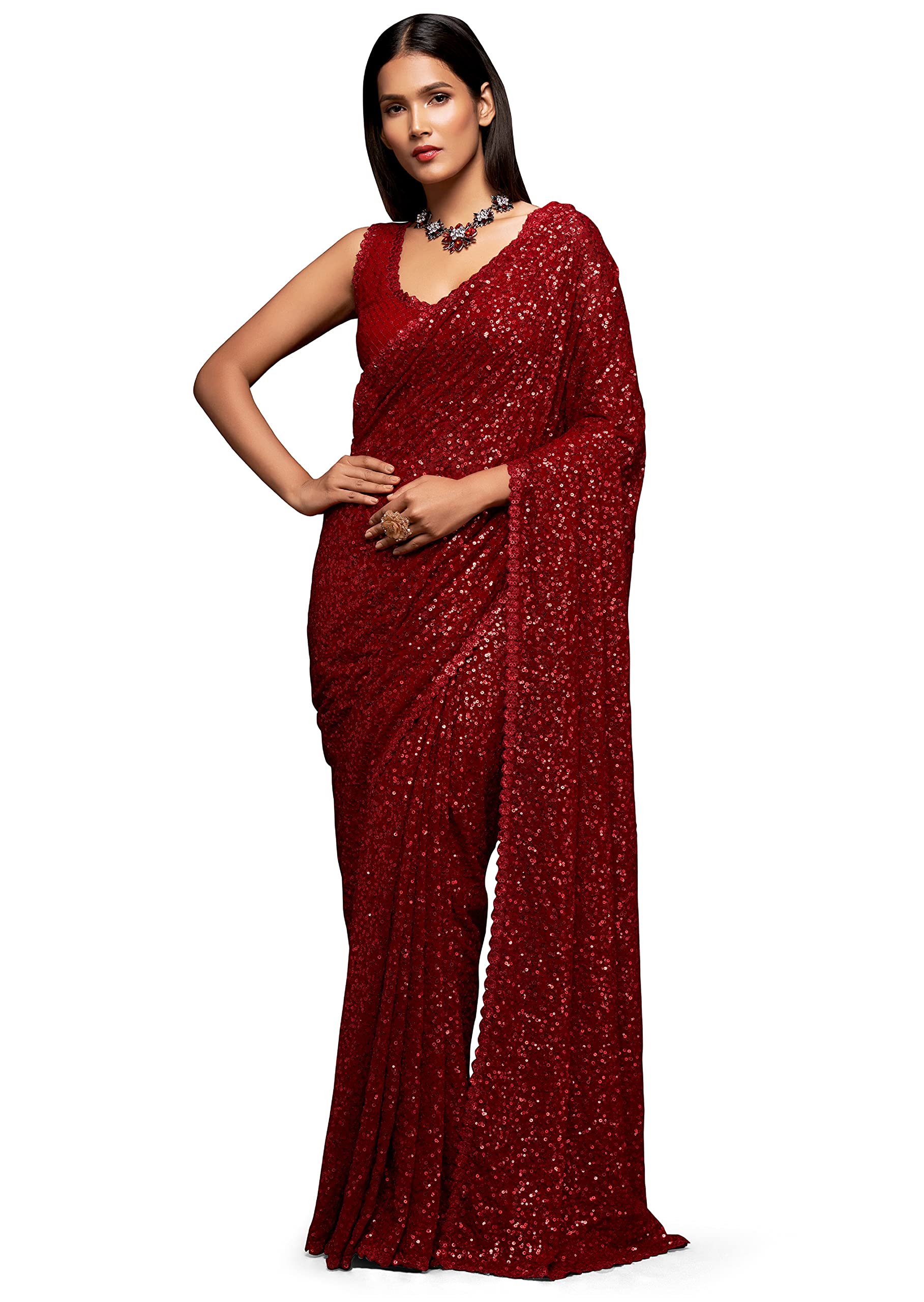 TRENDMALLSWomen's Georgette Sequins work Saree with Unstitched Blouse Piece