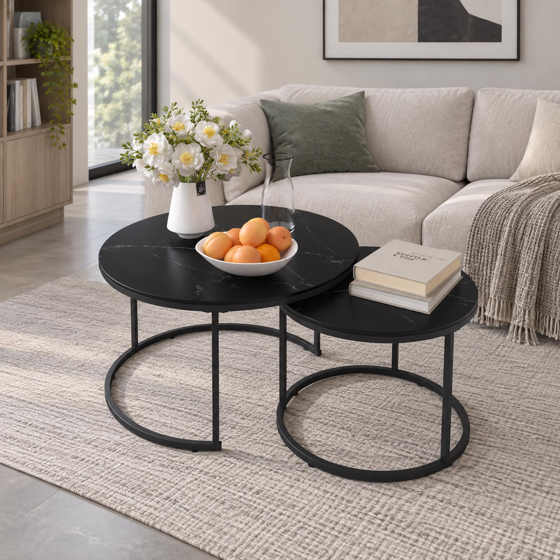 Nesting Coffee Table Set of 2, 27.6 inch Round Side Tables Coffee Table with Wood Marble Pattern Top Sturdy Metal Frame, End Table for Living Room Bedroom Balcony Yard (Black)